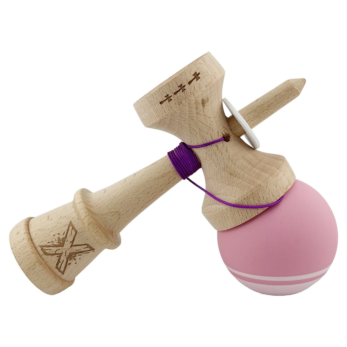 Kendama X Originala, Profesionala, Vivimall, Rubber Grip, Cupe Mari KING SIZE V3, Gaura in Baza, Rulment Metalic, din lemn 18 cm, Ata 55 cm, Bicolor Roz/Roz deschis - vivimall.ro