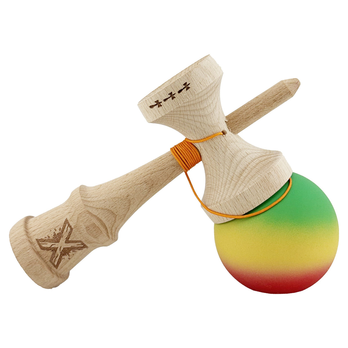 Kendama X Originala, Profesionala, Flippy, Big Cups V2, Rubber Grip cu Cupe Mari, Rulment Metalic cu Ata 55 cm, Verde/Galben/Rosu - vivimall.ro