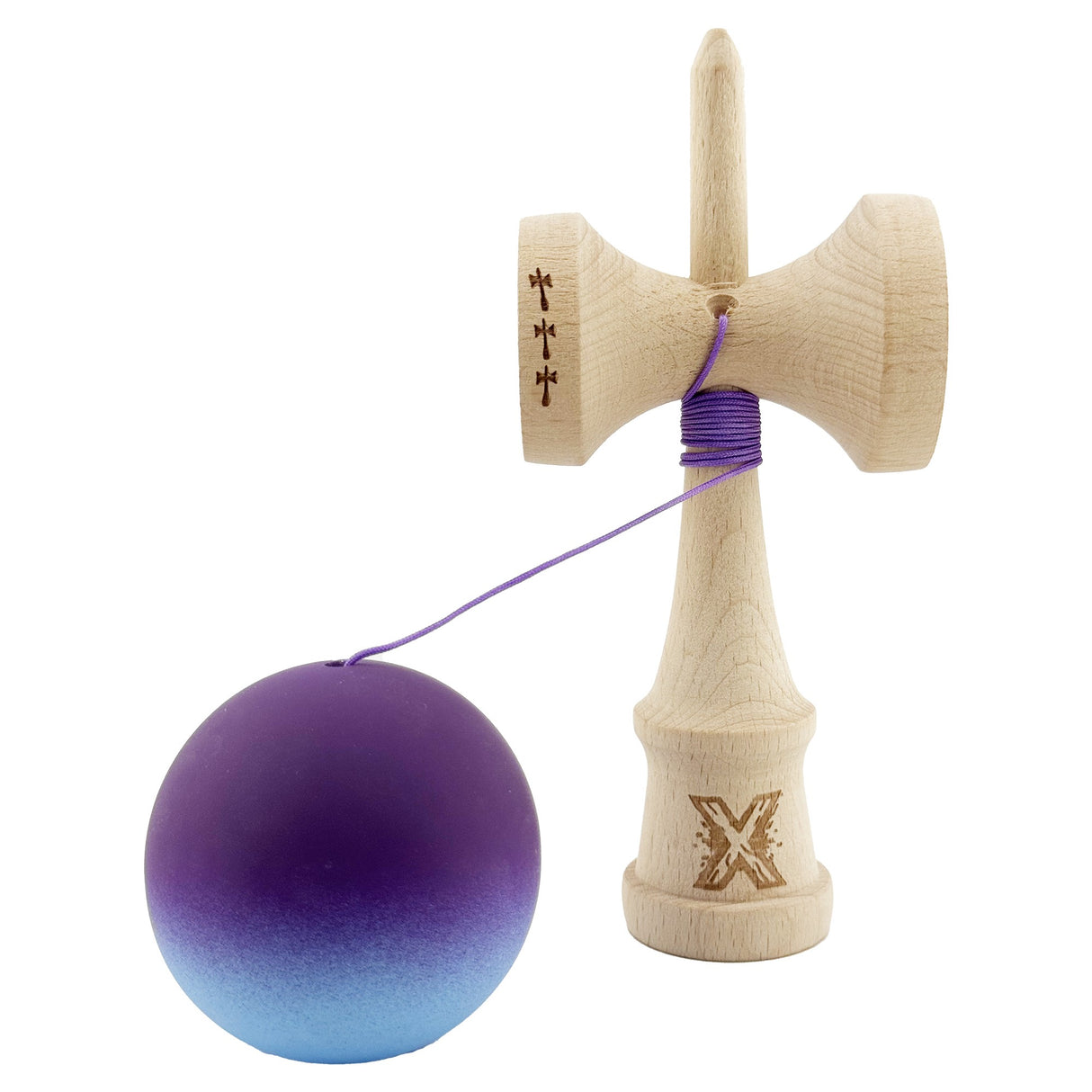 Kendama X Originala, Profesionala, Flippy, Big Cups V2, Rubber Grip cu Cupe Mari, Rulment Metalic cu Ata 55 cm, Violet/Albastru - vivimall.ro