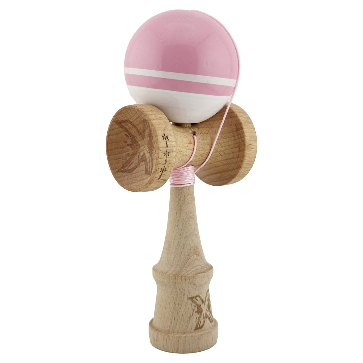 Kendama X Originala, Profesionala, Flippy, Big Cups V2, Super Sticky cu Cupe Mari, din lemn 18 cm, Rulment Metalic cu Ata 55 cm, Roz/Alb - vivimall.ro