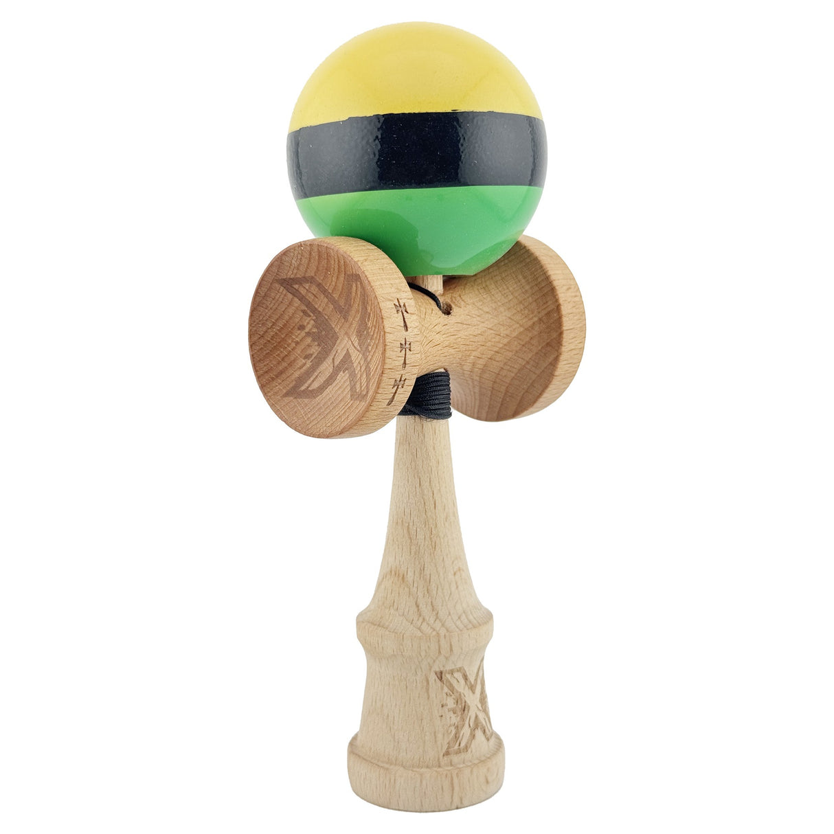 Kendama X Originala, Profesionala, Flippy, Big Cups V2, Super Sticky cu Cupe Mari, din lemn 18 cm, Rulment Metalic cu Ata 55 cm, Galben/Negru/Verde - vivimall.ro