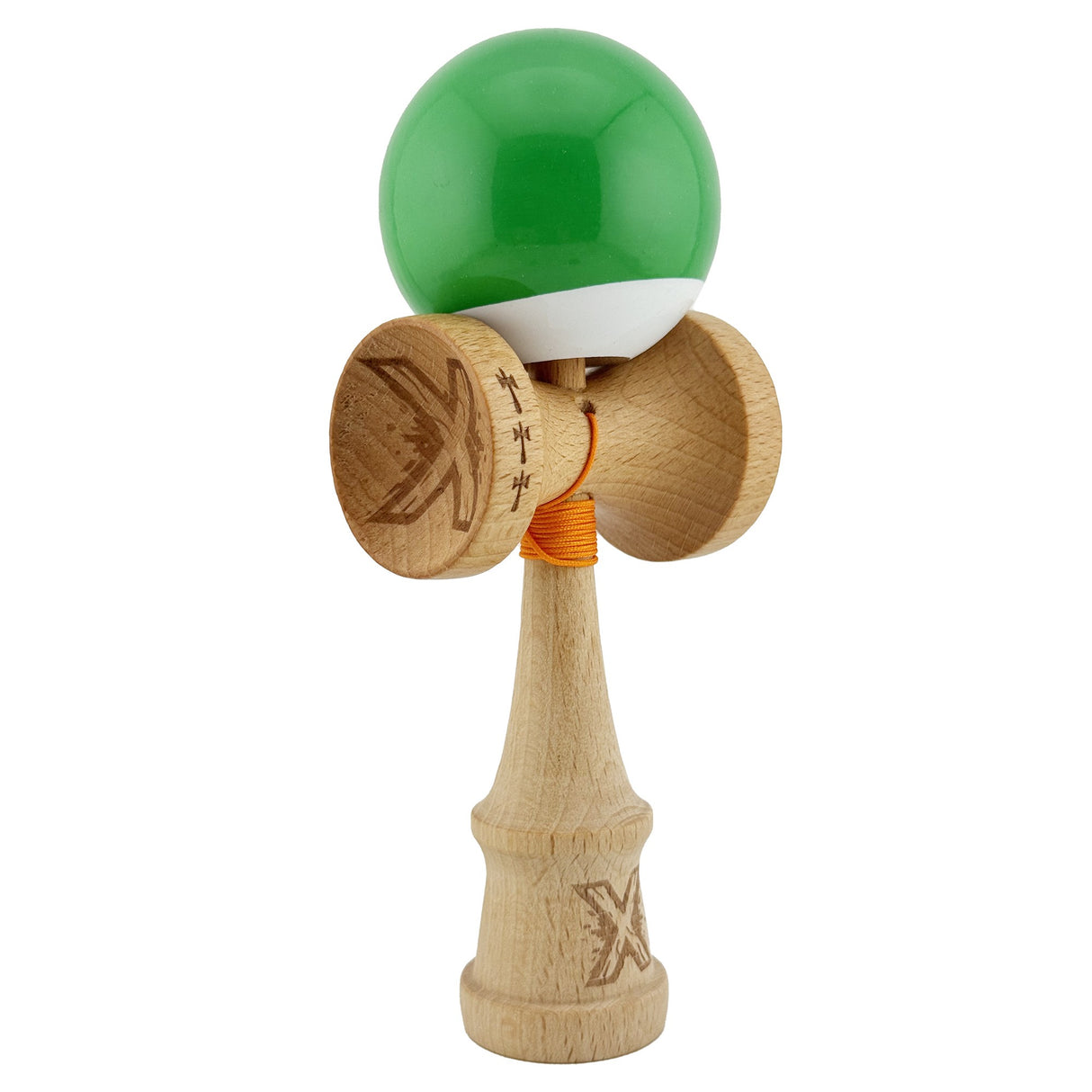 Kendama X Originala, Profesionala, Flippy, Big Cups V2, Super Sticky cu Cupe Mari, din lemn 18 cm, Rulment Metalic cu Ata 55 cm, Verde/Alb - vivimall.ro