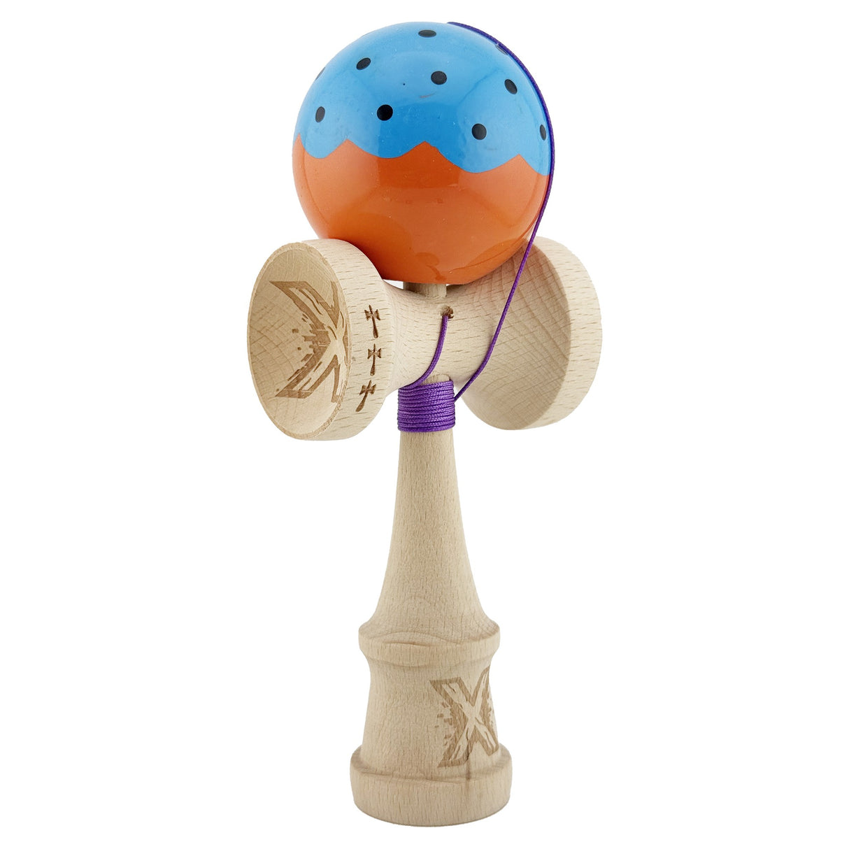 Kendama X Originala, Profesionala, Vivimall, Big Cups V2, Super Sticky, Rulment Metalic cu Ata 55 cm, Albastru/Portocaliu - vivimall.ro