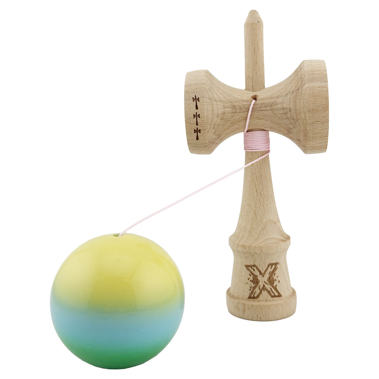 Kendama X Originala, Profesionala, Vivimall, Big Cups V2, Super Sticky cu Cupe Mari, din lemn 18 cm, Rulment Metalic cu Ata 55 cm, Galben/Albastru/Verde - vivimall.ro