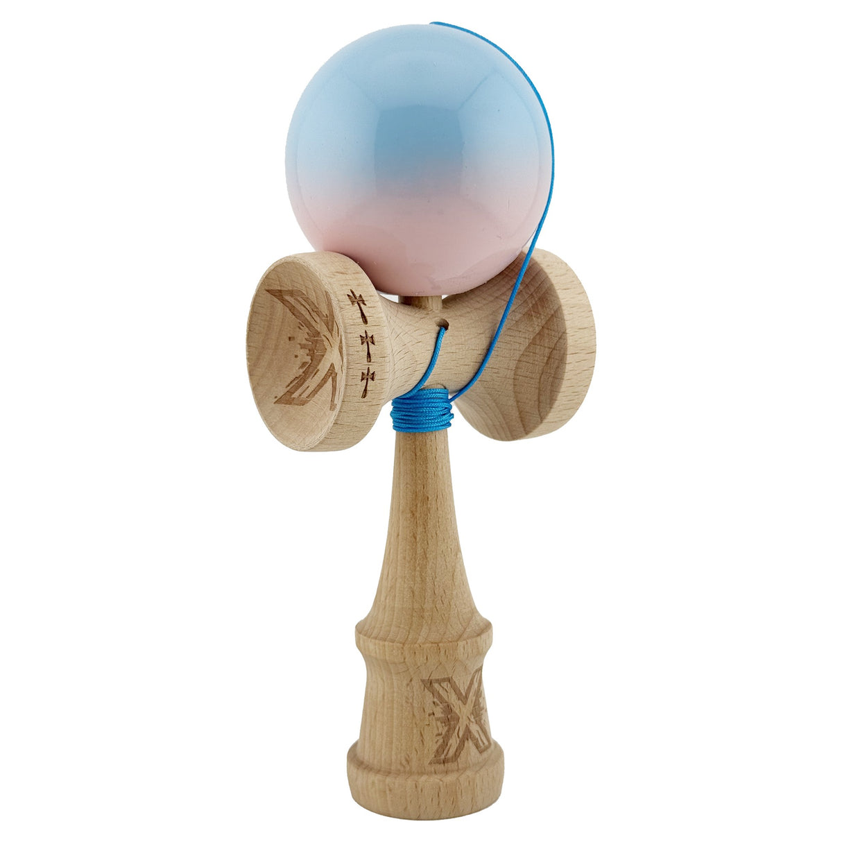 Kendama X Originala, Profesionala, Vivimall, Big Cups V2, Super Sticky, Rulment Metalic cu Ata 55 cm, Albastru/Roz - vivimall.ro