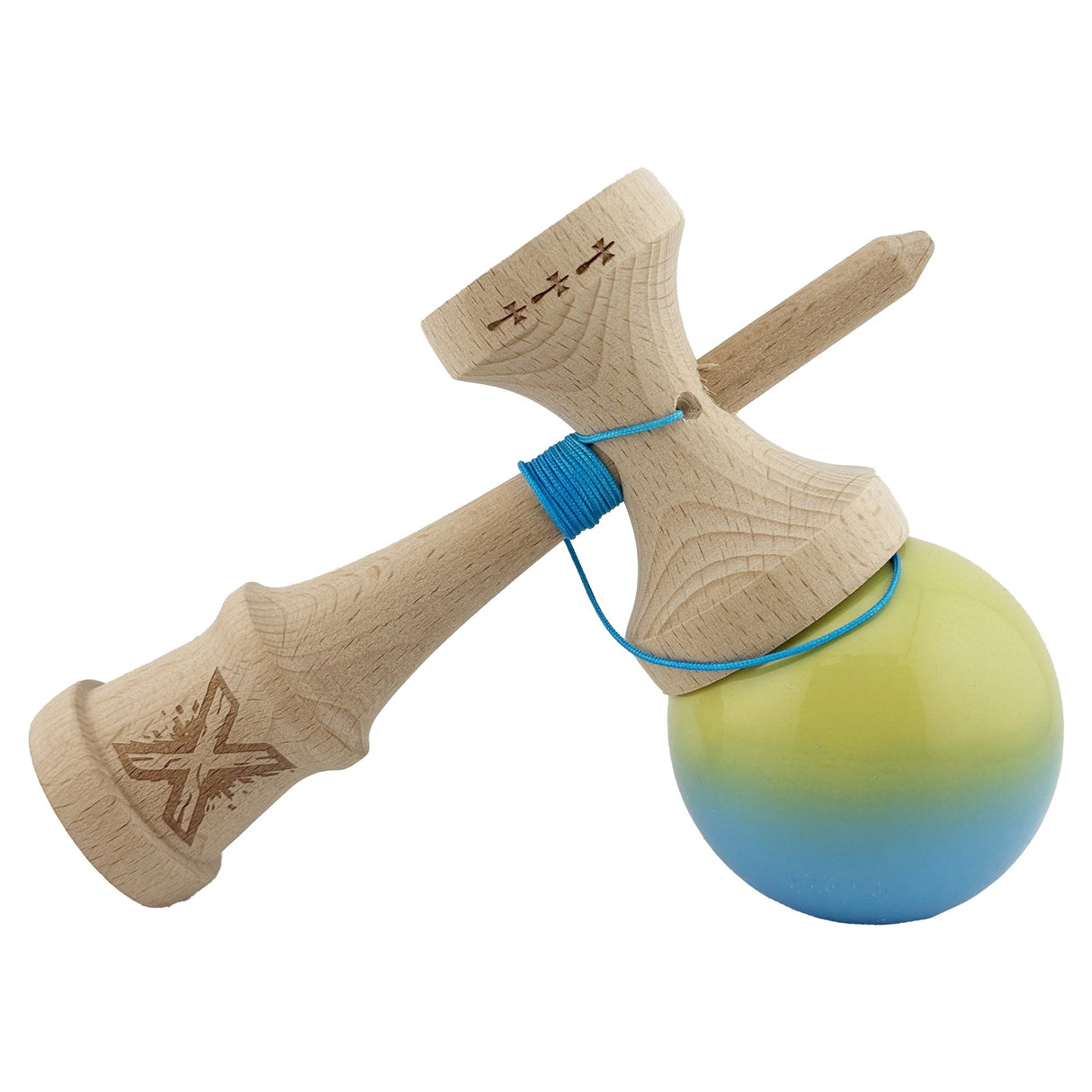 Kendama X Originala, Profesionala, Vivimall, Big Cups V2, Super Sticky, Rulment Metalic cu Ata 55 cm, Galben/Verde/ albastru - vivimall.ro