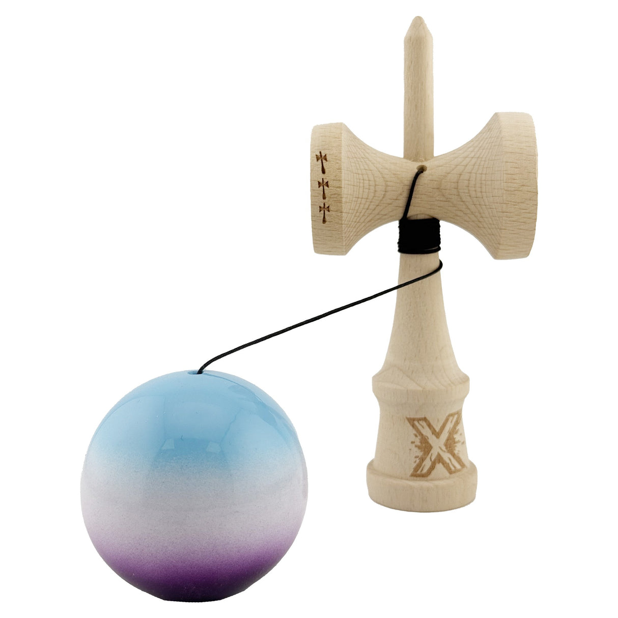 Kendama X Originala, Profesionala, Vivimall, Big Cups V2, Super Sticky, Rulment Metalic cu Ata 55 cm, Albastru/Alb/Mov - vivimall.ro