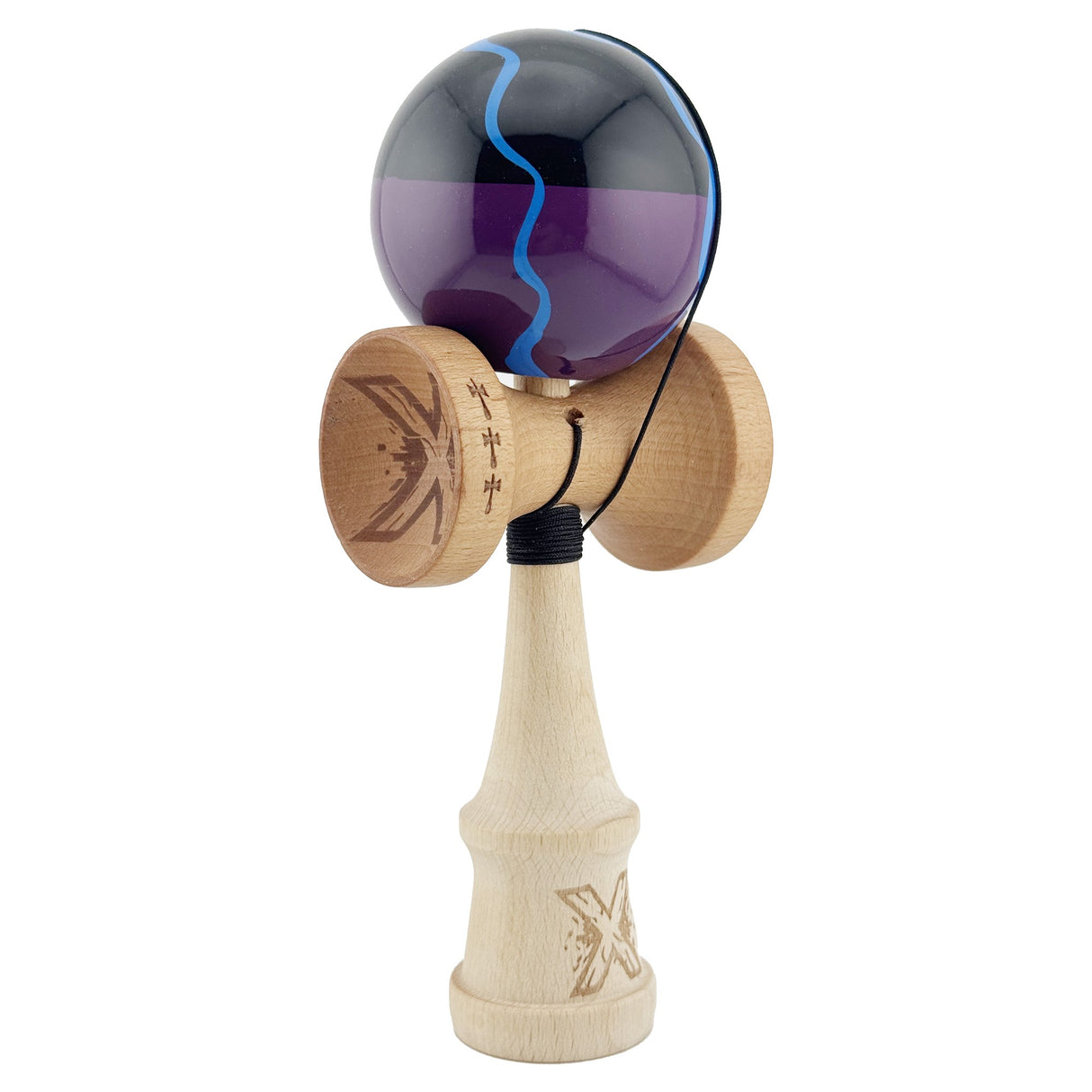 Kendama X Originala, Profesionala, Vivimall, Big Cups V2, Super Sticky cu Cupe Mari, Rulment Metalic, din lemn 18 cm, Ata 55 cm, Negru/Mov - vivimall.ro