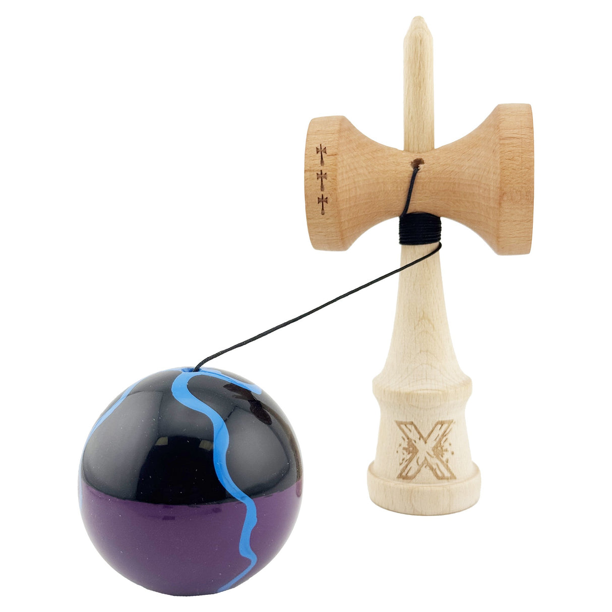 Kendama X Originala, Profesionala, Vivimall, Big Cups V2, Super Sticky cu Cupe Mari, Rulment Metalic, din lemn 18 cm, Ata 55 cm, Negru/Mov