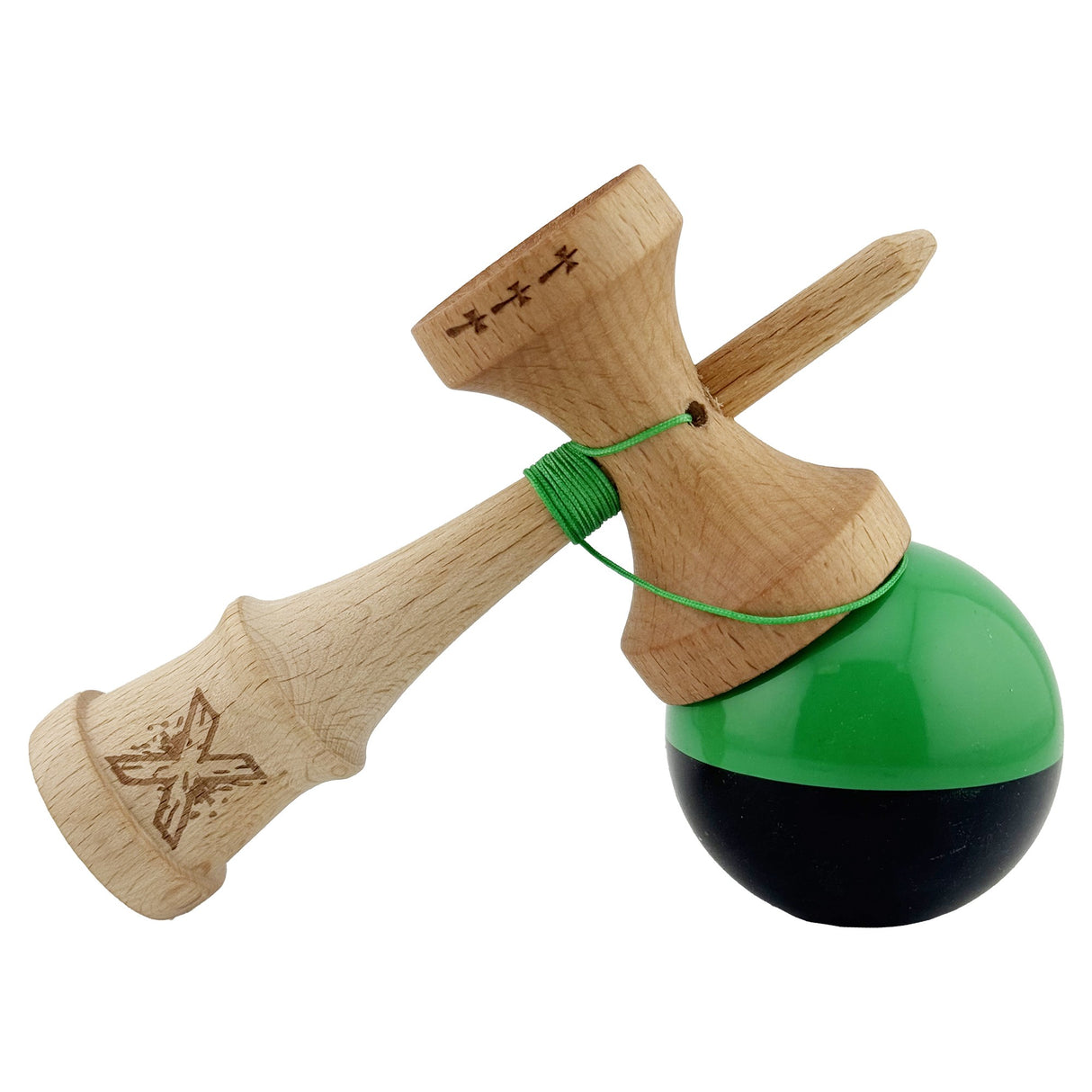 Kendama X Originala, Profesionala, Vivimall, Big Cups V2, Super Sticky cu Cupe Mari, Rulment Metalic, din lemn 18 cm, Ata 55 cm, Verde/Negru