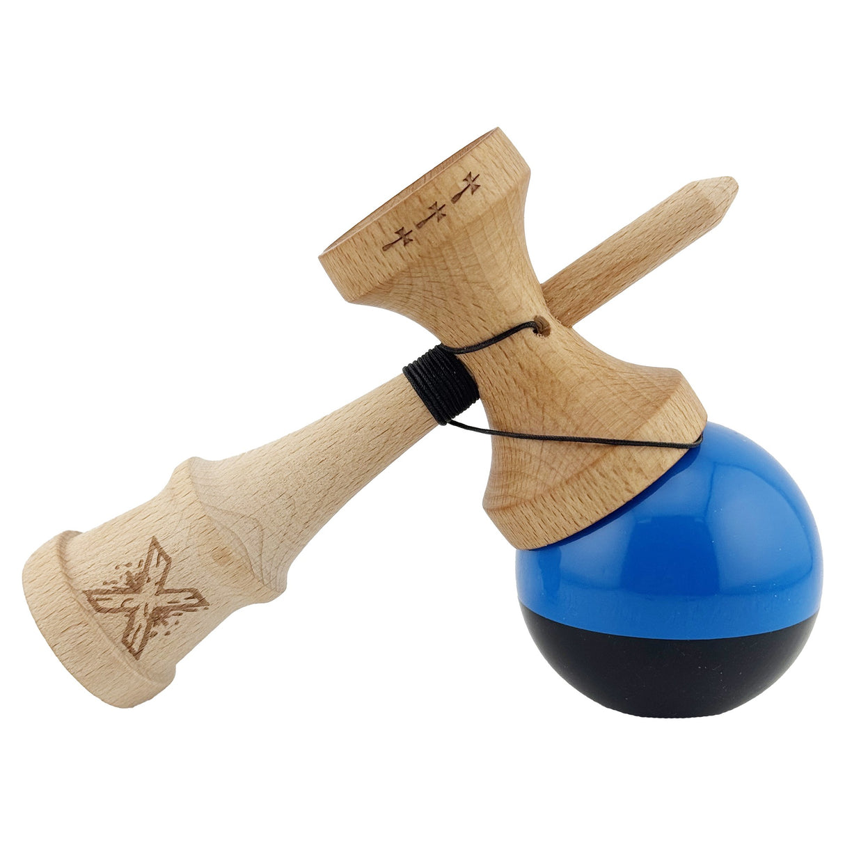 Kendama X Originala, Profesionala, Vivimall, Big Cups V2, Super Sticky cu Cupe Mari, Rulment Metalic, din lemn 18 cm, Ata 55 cm, Albastru/Negru - vivimall.ro