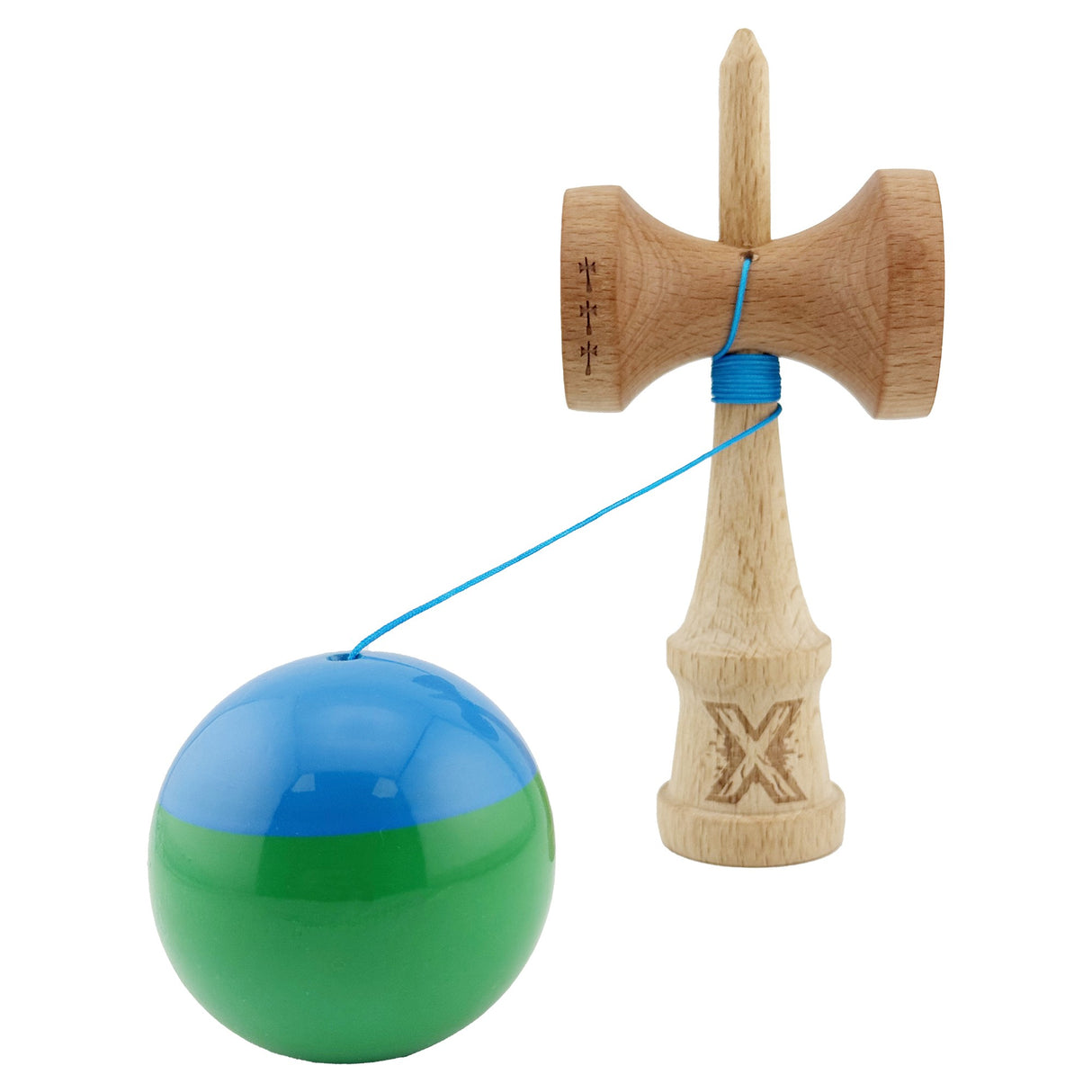 Kendama X Originala, Profesionala, Flippy, Big Cups V2, Super Sticky cu Cupe Mari, Rulment Metalic, din lemn 18 cm, Ata 55 cm, Albastru/Verde