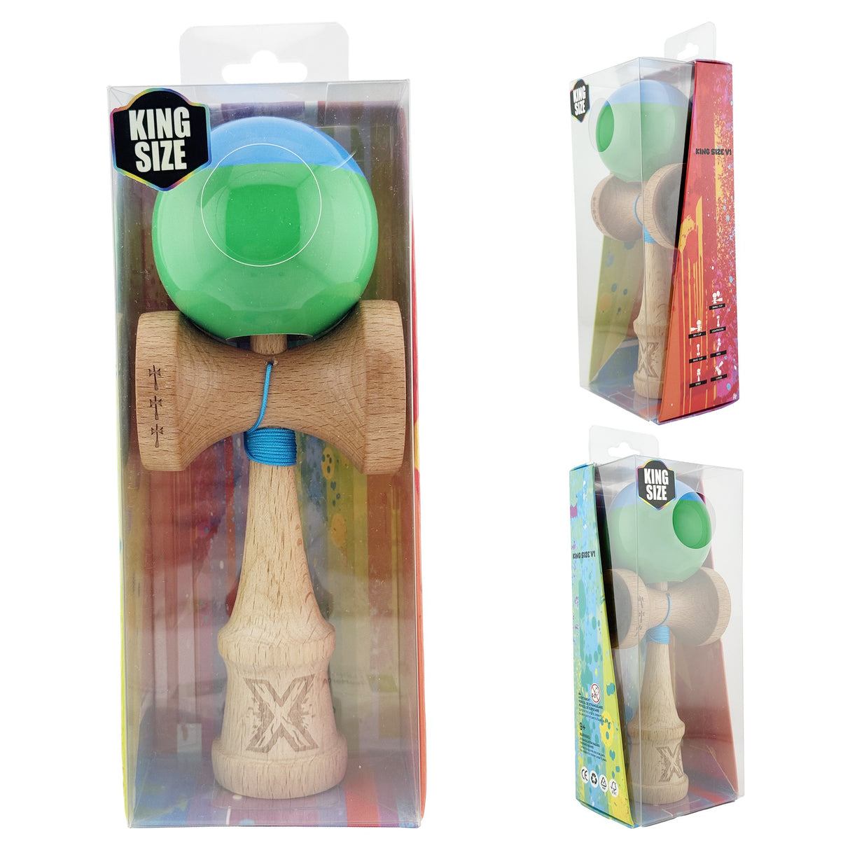 Kendama X Originala, Profesionala, Flippy, Big Cups V2, Super Sticky cu Cupe Mari, Rulment Metalic, din lemn 18 cm, Ata 55 cm, Albastru/Verde