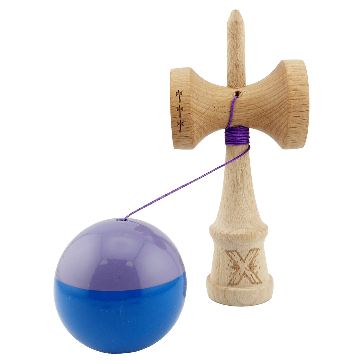Kendama X Originala, Profesionala, Vivimall, Big Cups V2, Super Sticky cu Cupe Mari, Rulment Metalic, din lemn 18 cm, Ata 55 cm, Mov/Albastru - vivimall.ro