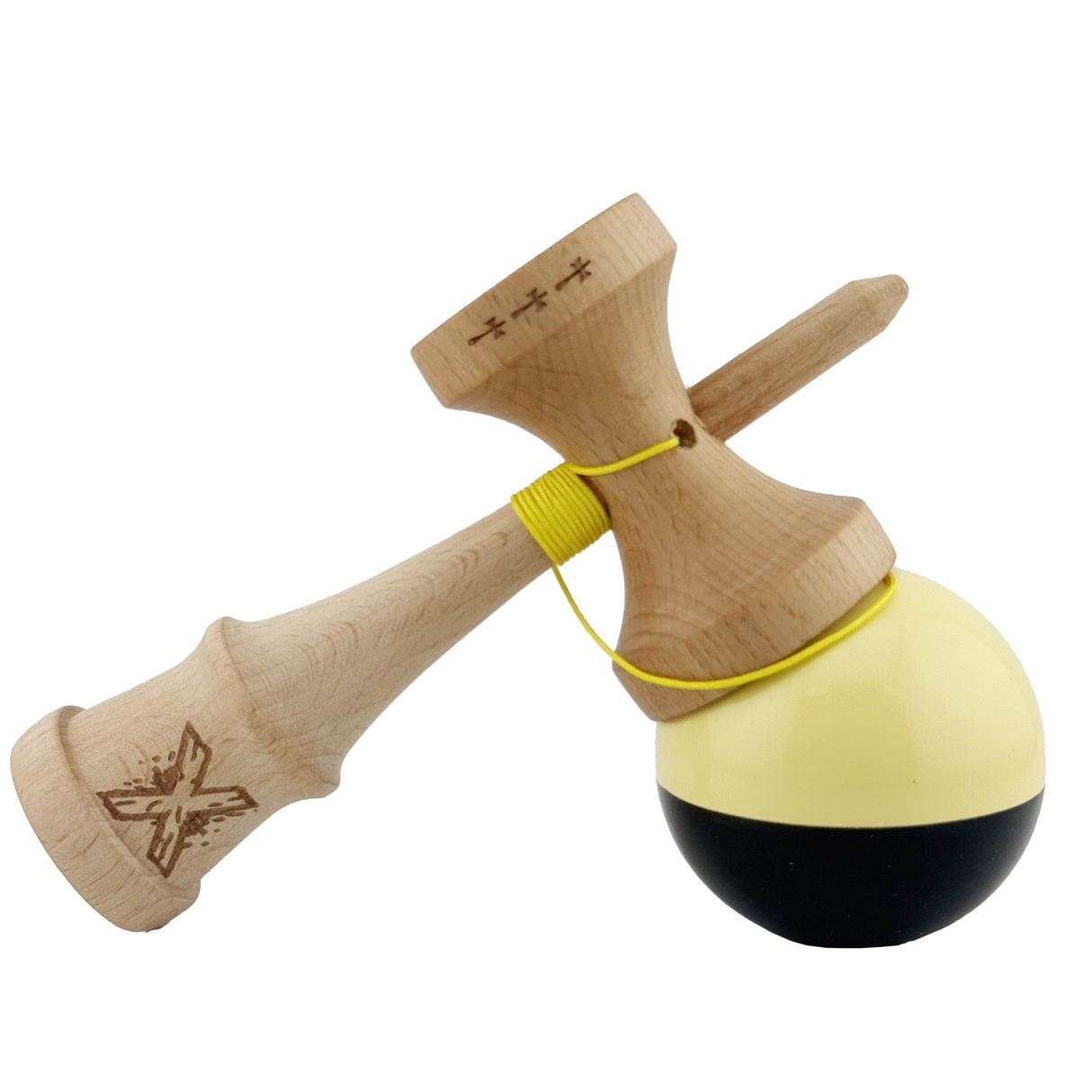 Kendama X Originala, Profesionala, Vivimall, Big Cups V2, Super Sticky cu Cupe Mari, Rulment Metalic, din lemn 18 cm, Ata 55 cm, Galben/Negru - vivimall.ro