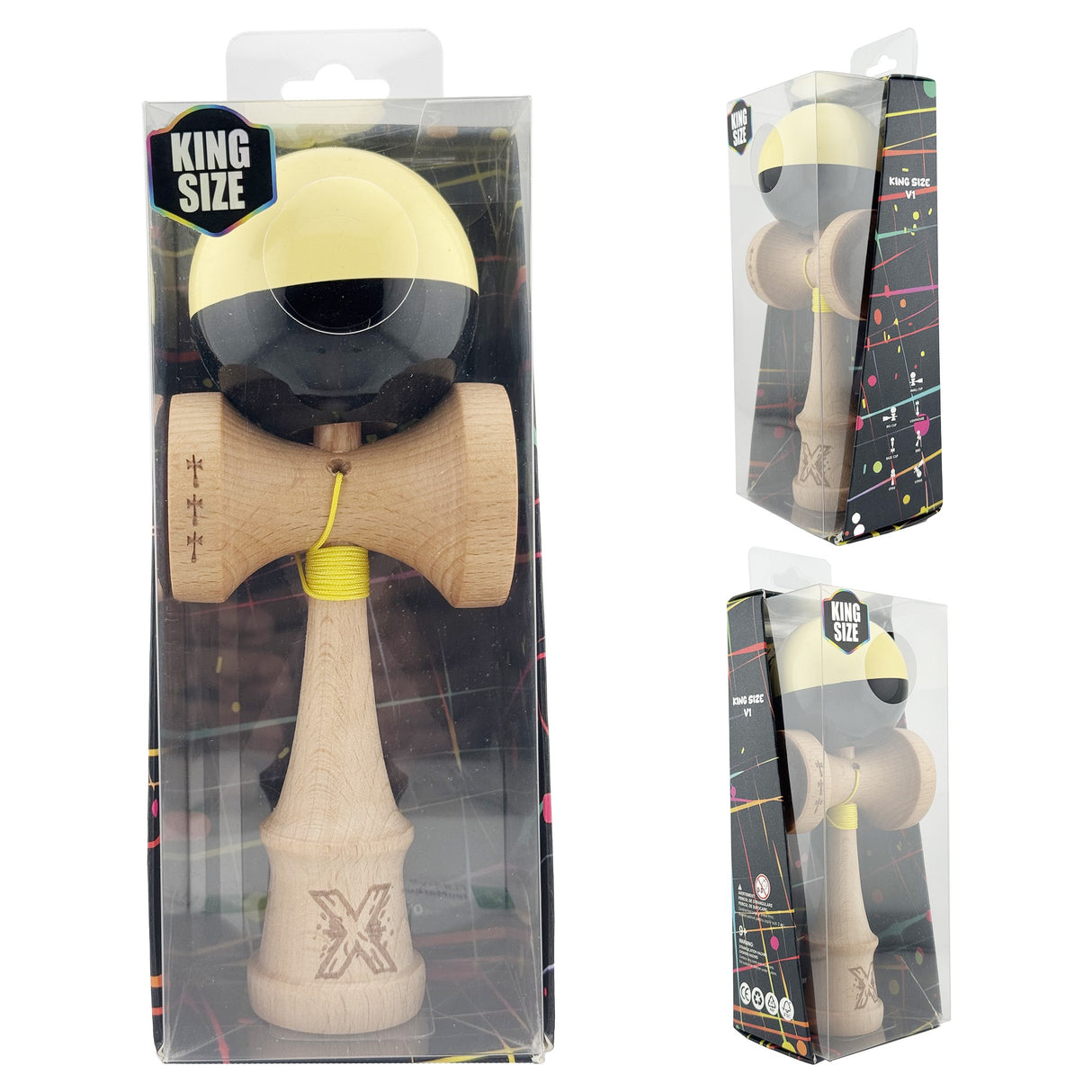 Kendama X Originala, Profesionala, Flippy, Big Cups V2, Super Sticky cu Cupe Mari, Rulment Metalic, din lemn 18 cm, Ata 55 cm, Galben/Negru