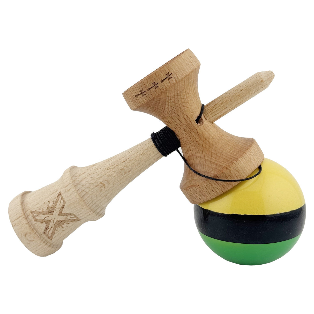 Kendama X Originala, Profesionala, Vivimall, Big Cups V2, Super Sticky, Rulment Metalic cu Ata 55 cm, Galben/Negru/Verde - vivimall.ro