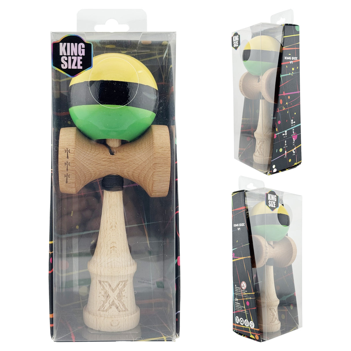 Kendama X Originala, Profesionala, Vivimall, Big Cups V2, Super Sticky, Rulment Metalic cu Ata 55 cm, Galben/Negru/Verde - vivimall.ro
