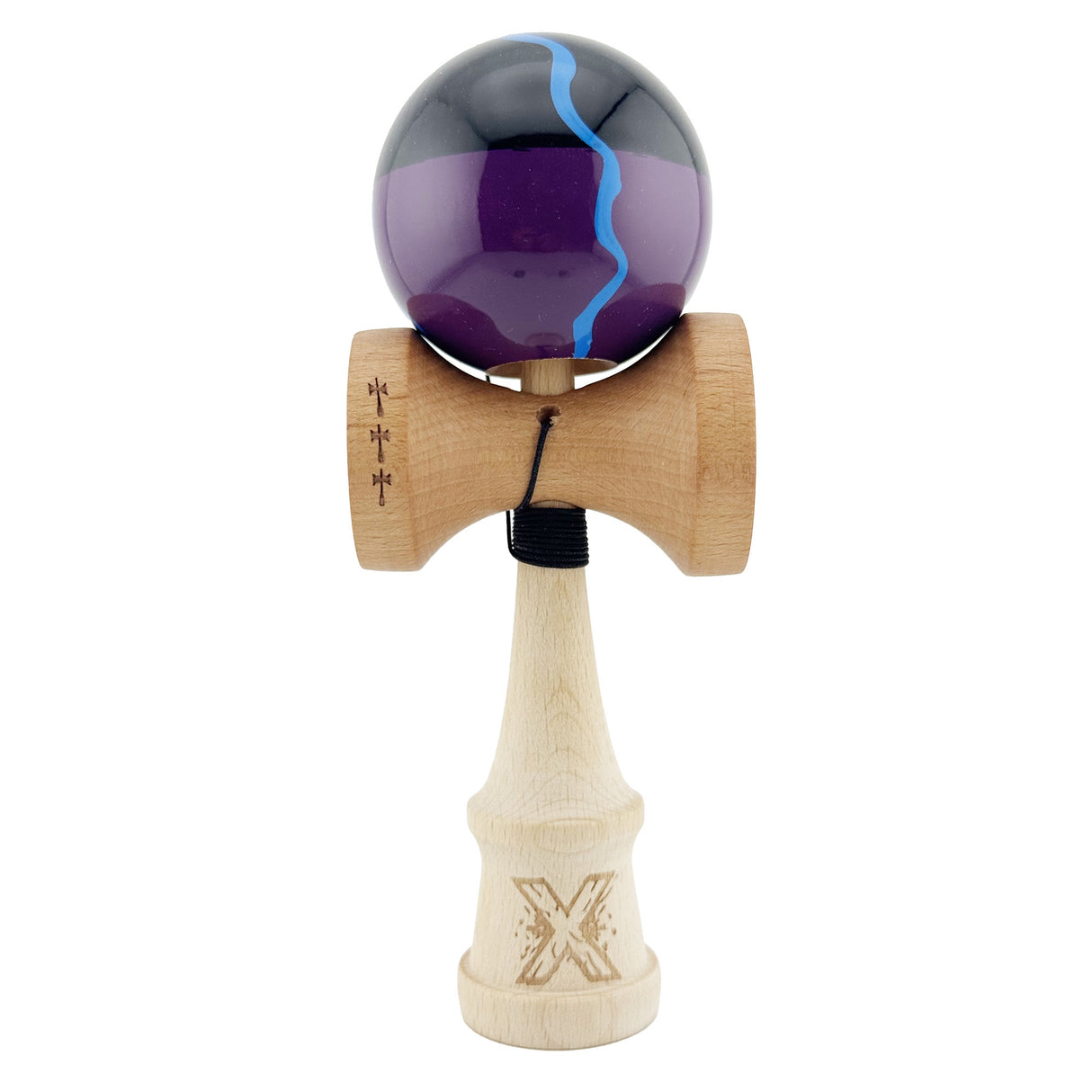 Kendama X Originala, Profesionala, Vivimall, Big Cups V2, Super Sticky cu Cupe Mari, Rulment Metalic, din lemn 18 cm, Ata 55 cm, Negru/Mov - vivimall.ro