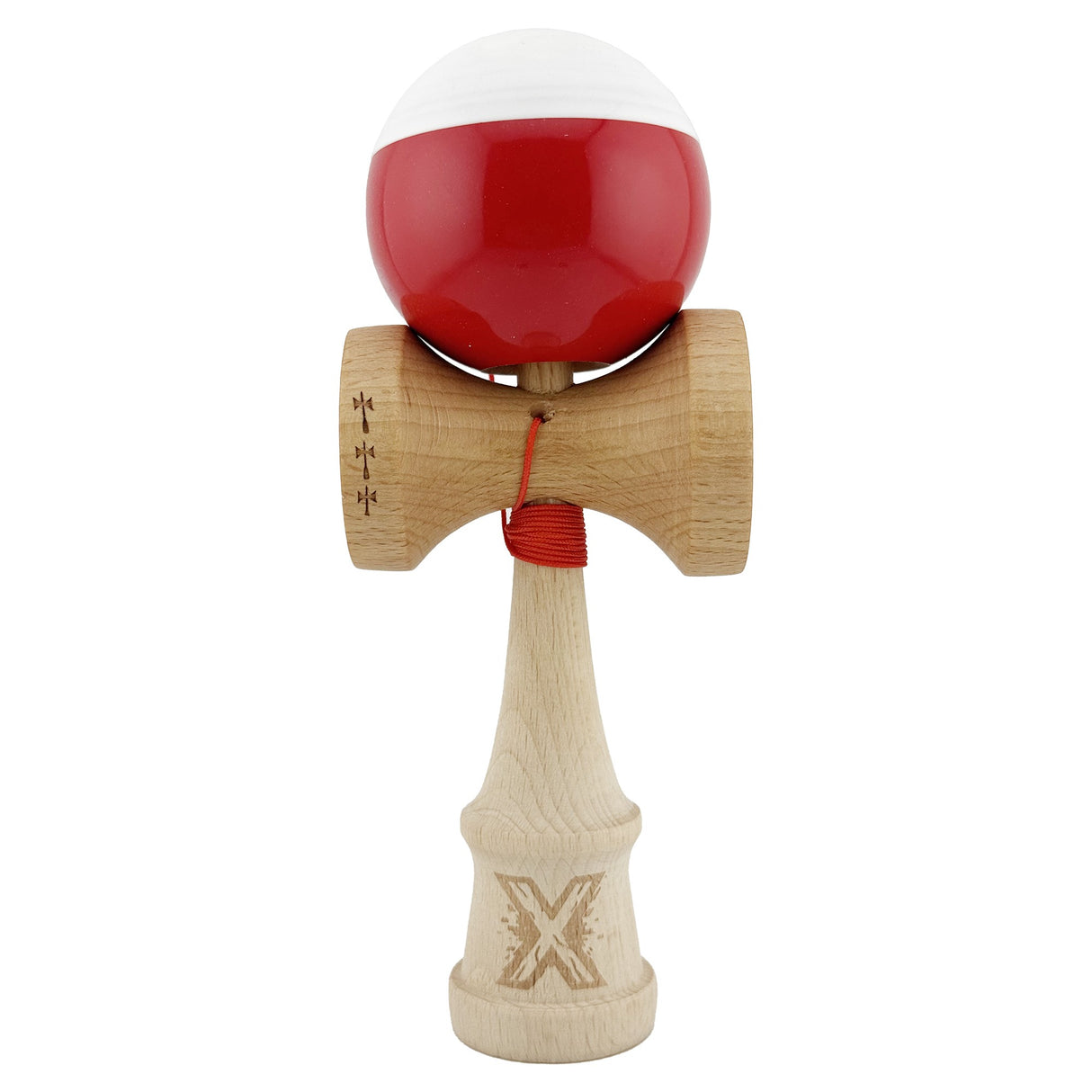 Kendama X Originala, Profesionala, Flippy, Big Cups V2, Super Sticky cu Cupe Mari, Rulment Metalic, din lemn 18 cm, Ata 55 cm, Alb/Rosu