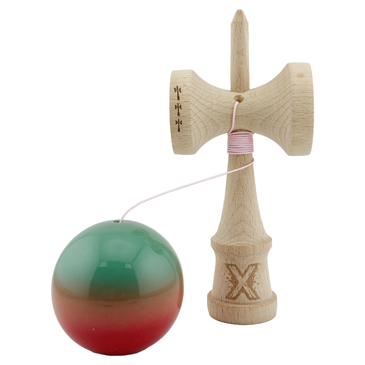 Kendama X Originala, Profesionala, Flippy, Big Cups V2, Super Sticky Cupe Mari, Rulment Metalic cu Ata 55 cm, Rosu/Verde - vivimall.ro