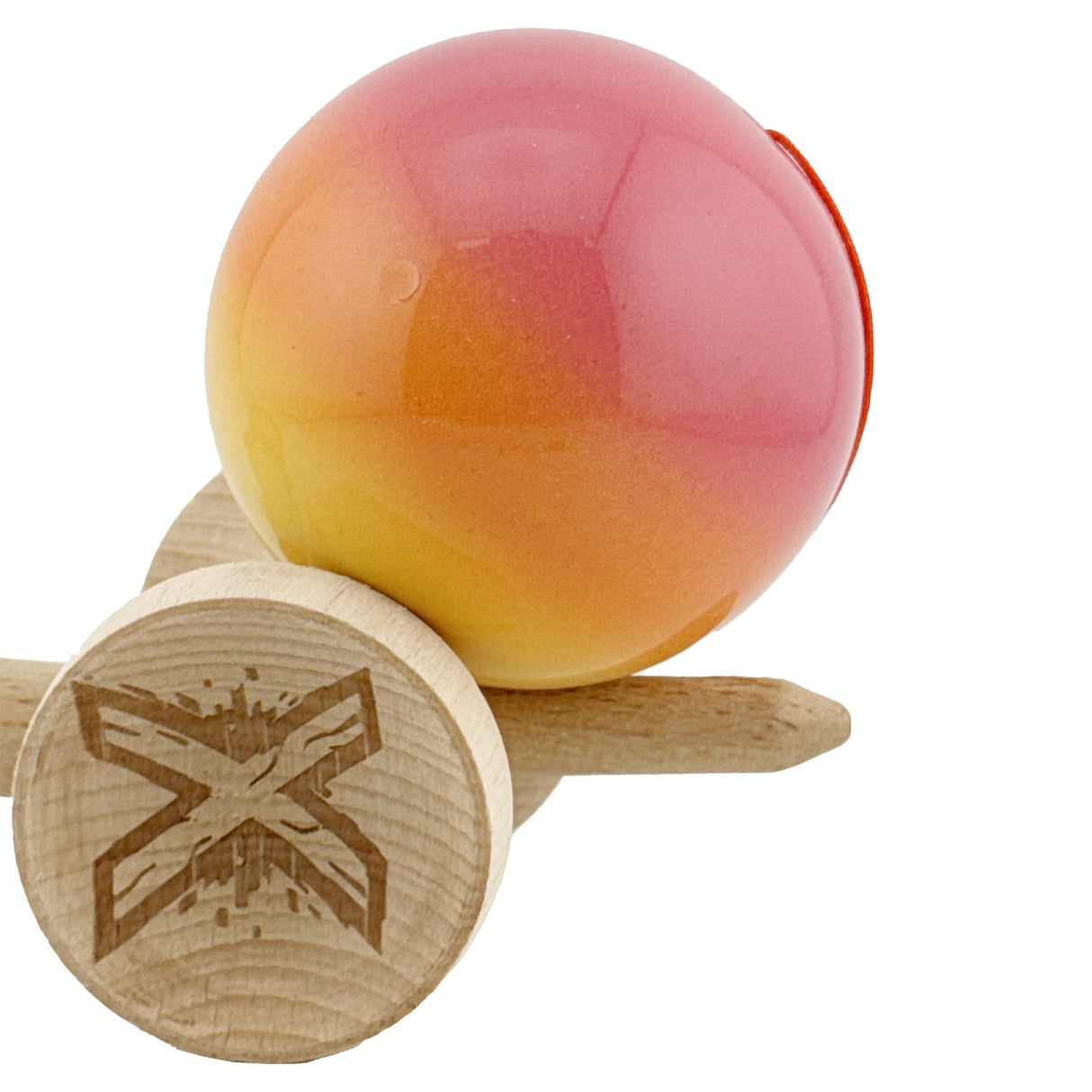 Kendama X Originala, Profesionala, Flippy, Big Cups V2, Super Sticky Cupe Mari, Rulment Metalic cu Ata 55 cm, Roz/Portocaliu/Galben - vivimall.ro