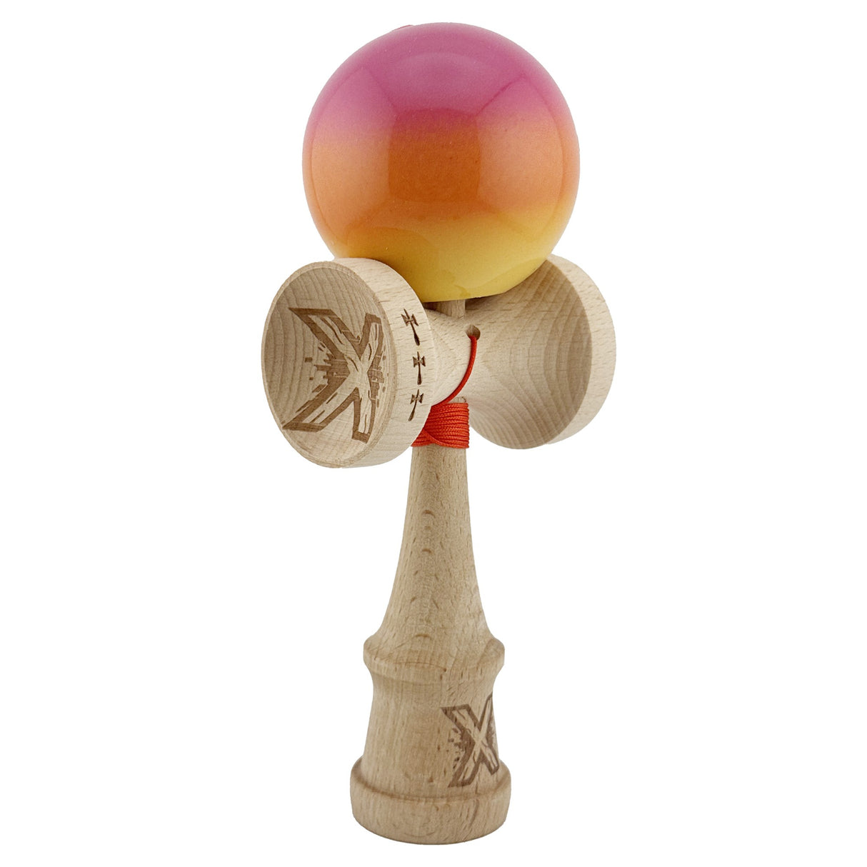 Kendama X Originala, Profesionala, Flippy, Big Cups V2, Super Sticky Cupe Mari, Rulment Metalic cu Ata 55 cm, Roz/Portocaliu/Galben - vivimall.ro