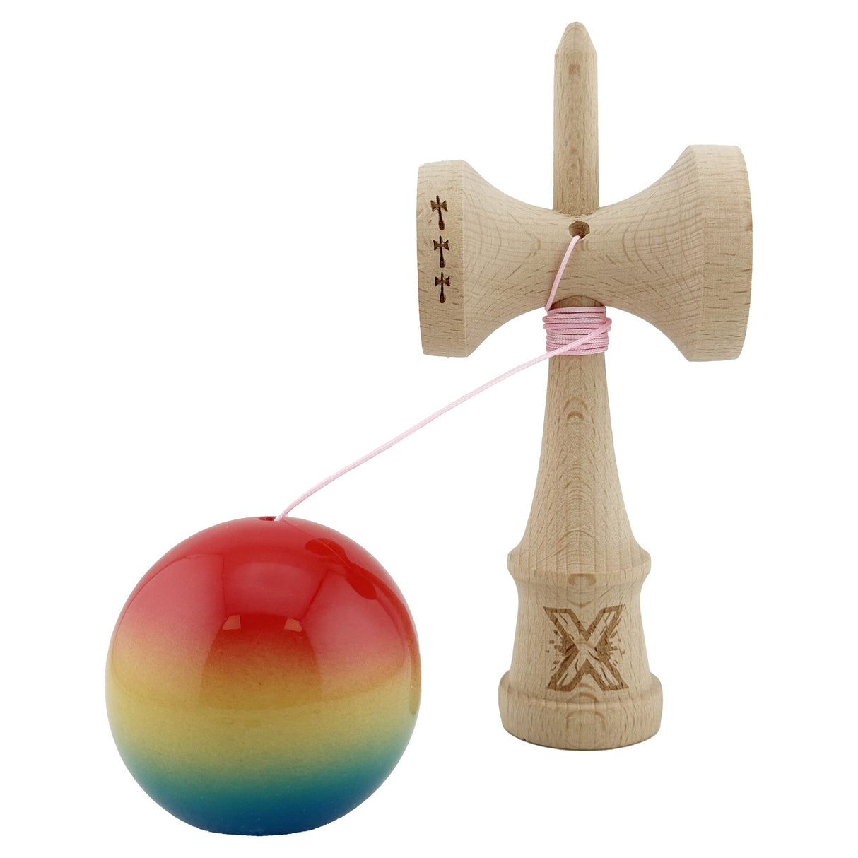Kendama X Originala, Profesionala, Flippy, Big Cups V2, Super Sticky Cupe Mari, Rulment Metalic cu Ata 55 cm, Rosu/Galben/Albastru - vivimall.ro