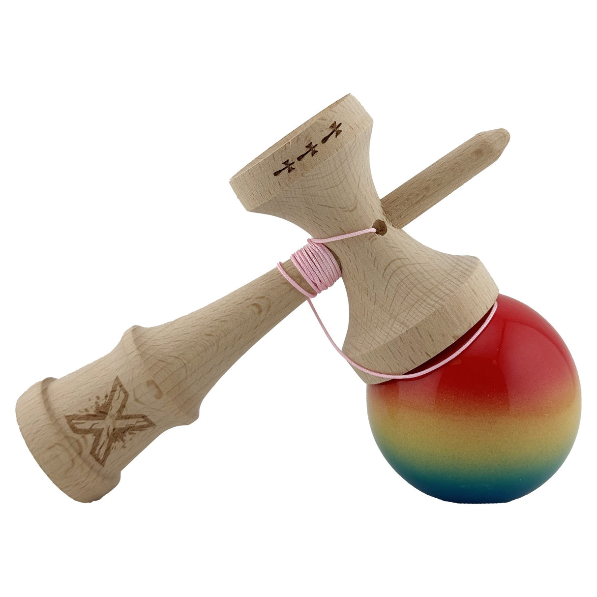 Kendama X Originala, Profesionala, Flippy, Big Cups V2, Super Sticky Cupe Mari, Rulment Metalic cu Ata 55 cm, Rosu/Galben/Albastru - vivimall.ro