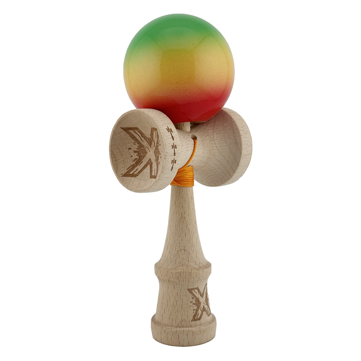 Kendama X Originala, Profesionala, Flippy, Big Cups V2, Super Sticky Cupe Mari, Rulment Metalic cu Ata 55 cm, Verde/Galben/Rosu - vivimall.ro