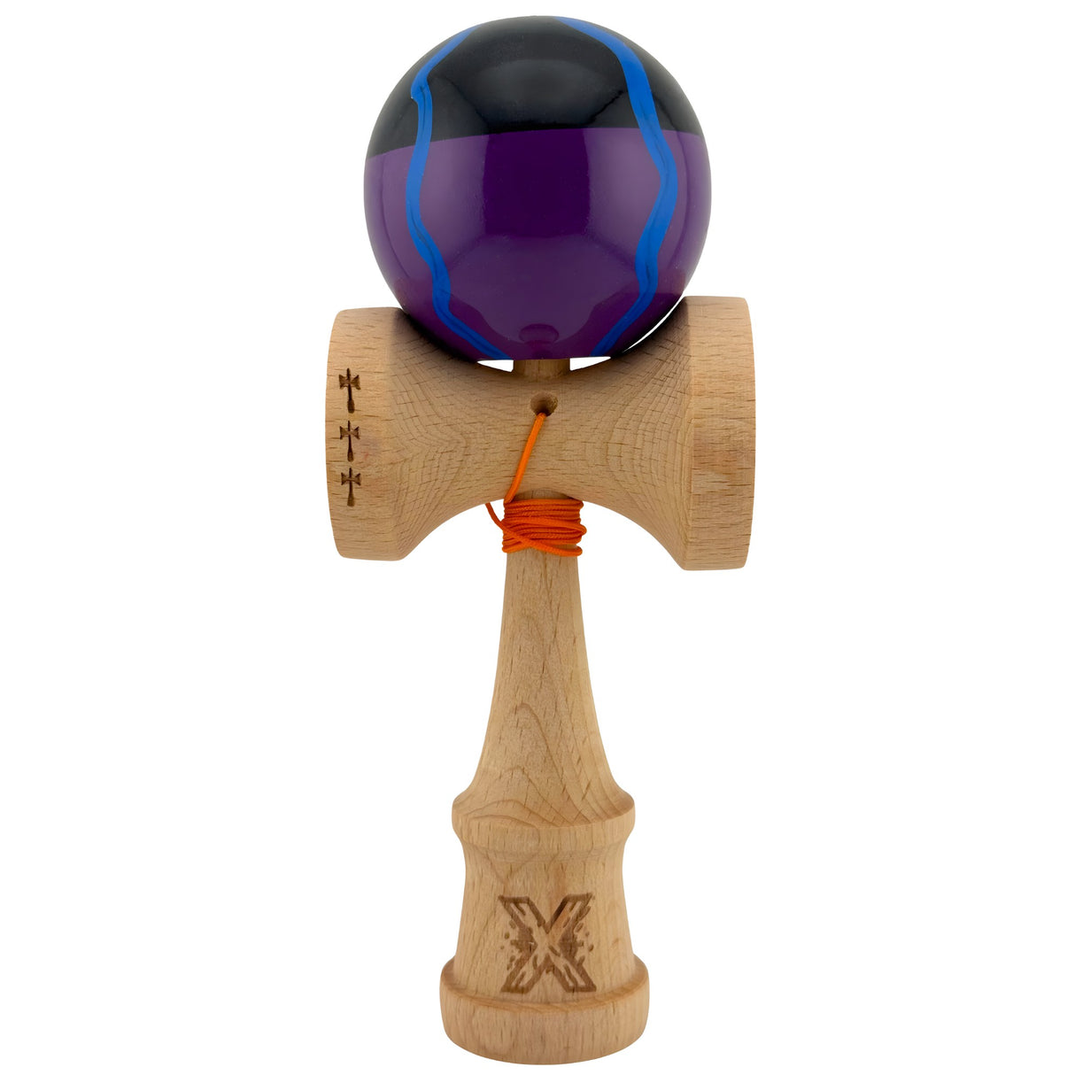 Kendama X Originala, Profesionala, Flippy, Big Cups V2, Super Sticky Cupe Mari, Rulment Metalic cu Ata 55 cm,-Negru Mov cu Linii - vivimall.ro