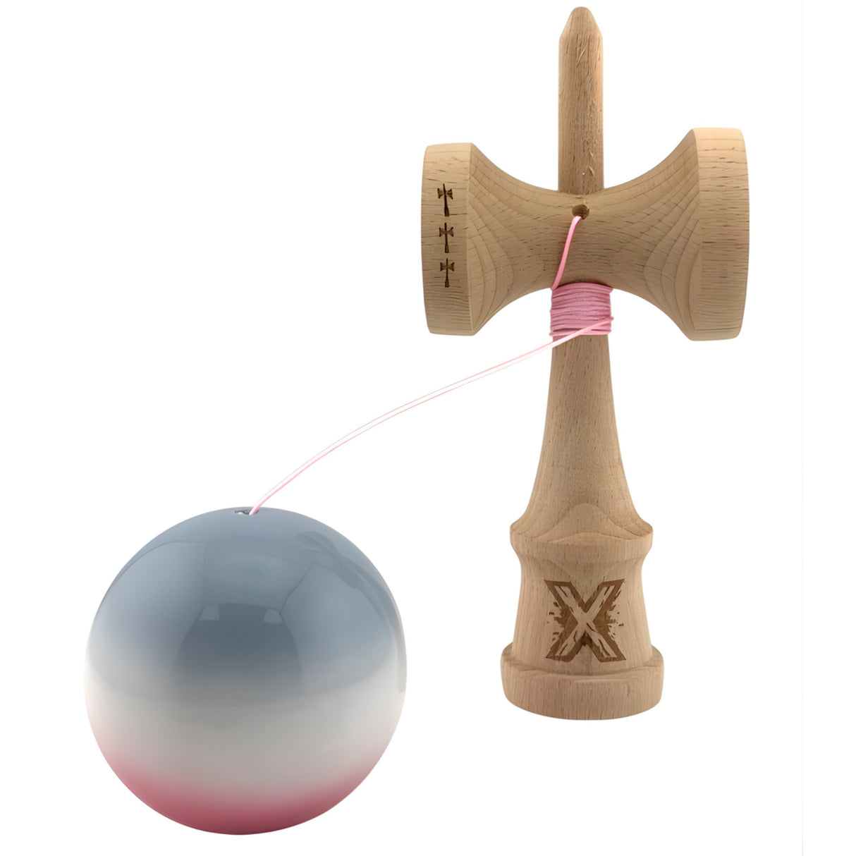 Kendama X Originala, Profesionala, Flippy, Big Cups V2, Super Sticky Cupe Mari, Rulment Metalic cu Ata 55 cm, Gradient Roz/Alb/Gri - vivimall.ro