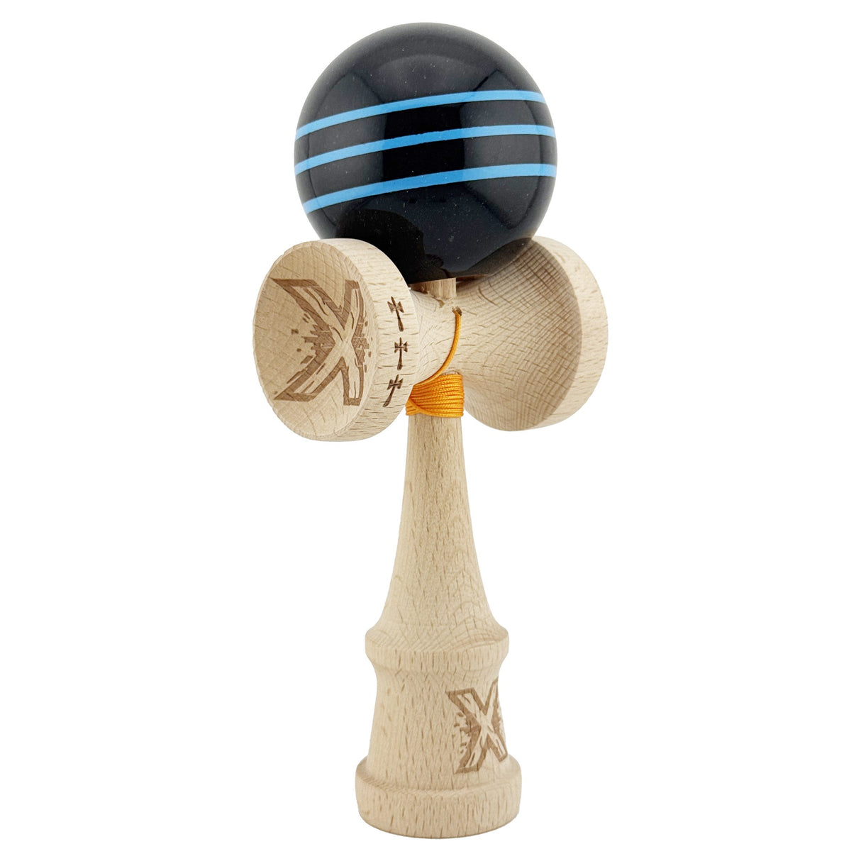 Kendama X Originala, Profesionala, Flippy, Big Cups V2, Super Sticky Legendary Cupe Mari, Rulment Metalic cu Ata 55 cm, Negru/Linii Albastre deschise - vivimall.ro