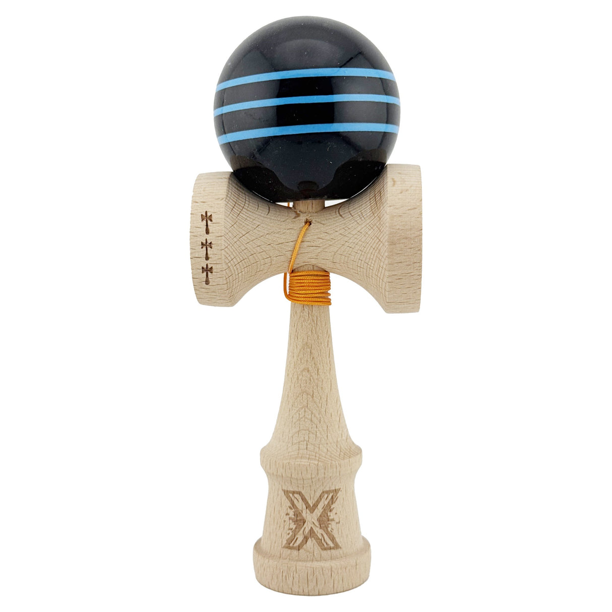 Kendama X Originala, Profesionala, Flippy, Big Cups V2, Super Sticky Legendary Cupe Mari, Rulment Metalic cu Ata 55 cm, Negru/Linii Albastre deschise - vivimall.ro