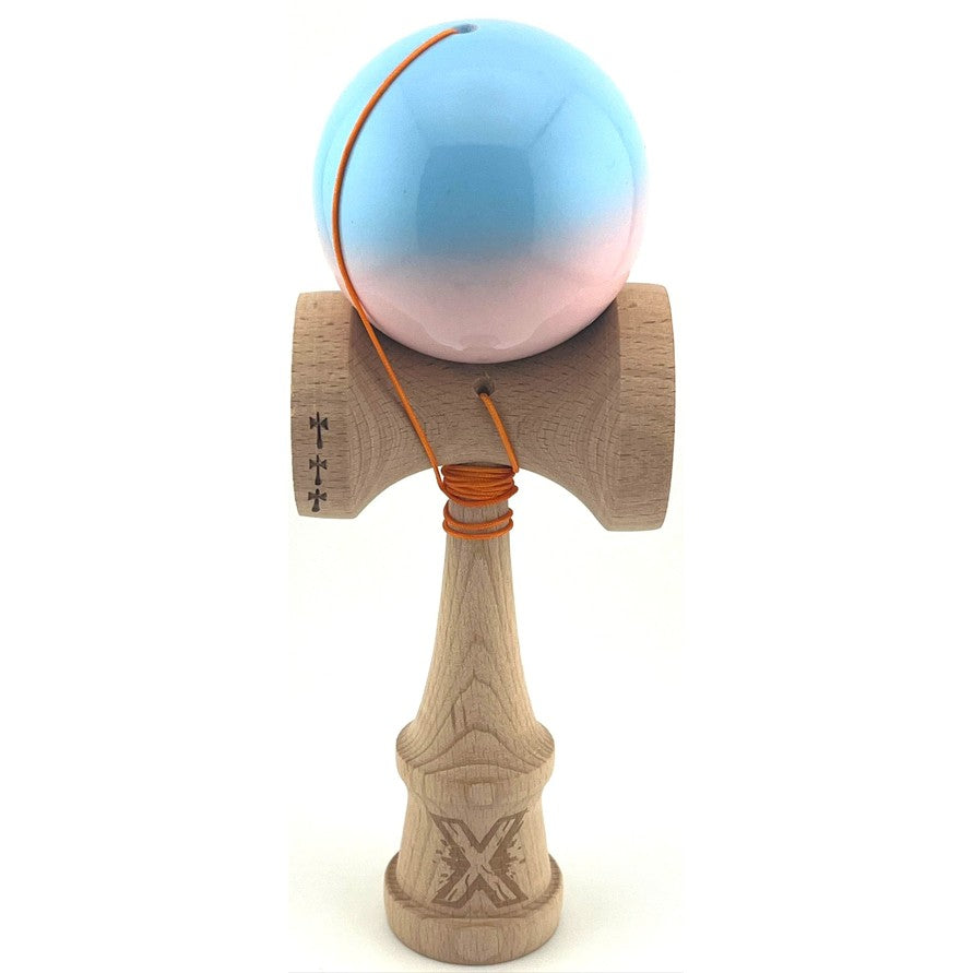 Kendama X Originala, Profesionala, Flippy, Big Cups V2, Super Sticky, Rulment Metalic cu Ata 55 cm, Albastru/Roz - vivimall.ro