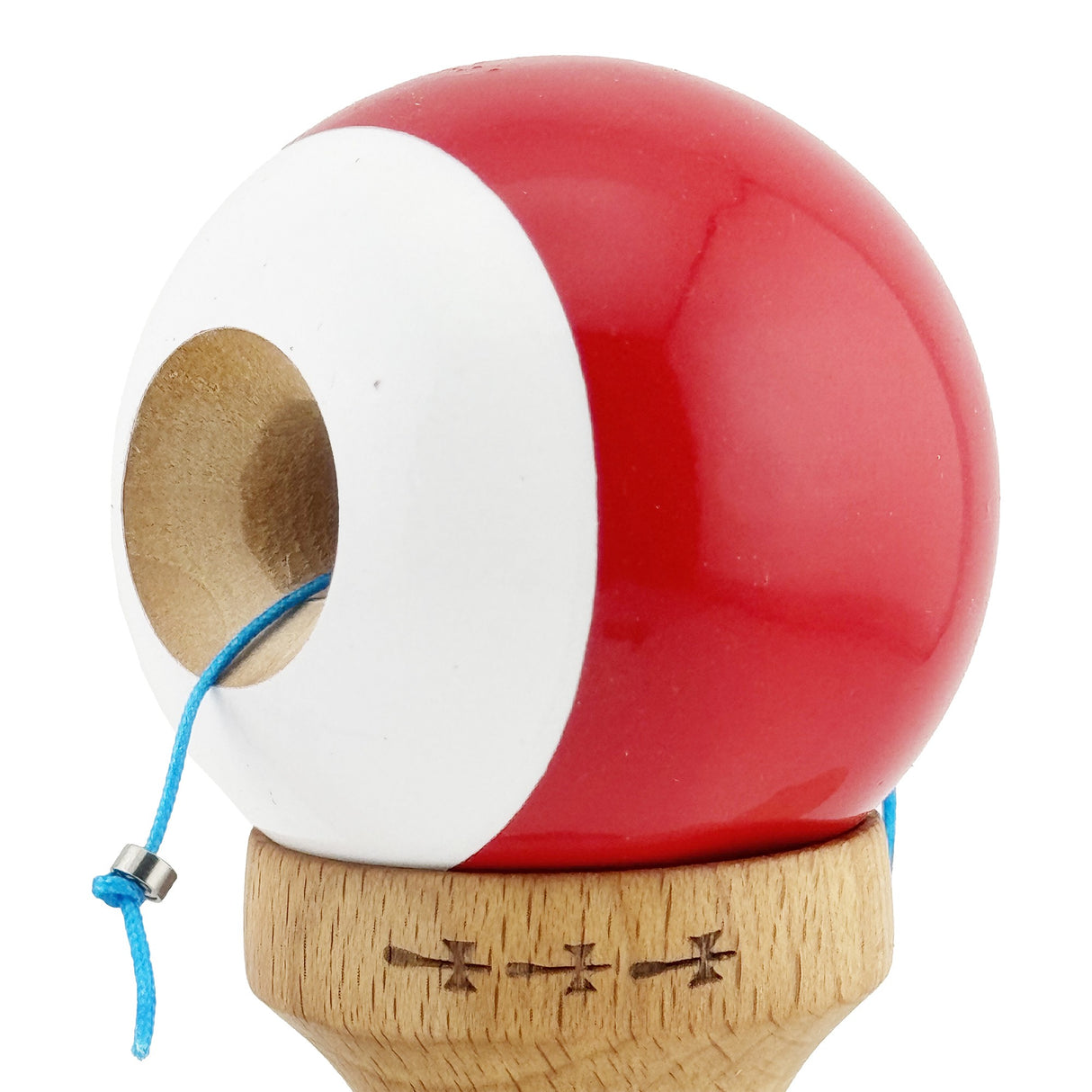 Kendama X Originala, Profesionala, Vivimall, Big Cups V2, Super Sticky cu Cupe Mari, din lemn 18 cm, Rulment Metalic cu Ata 55 cm, Rosu/Alb - vivimall.ro