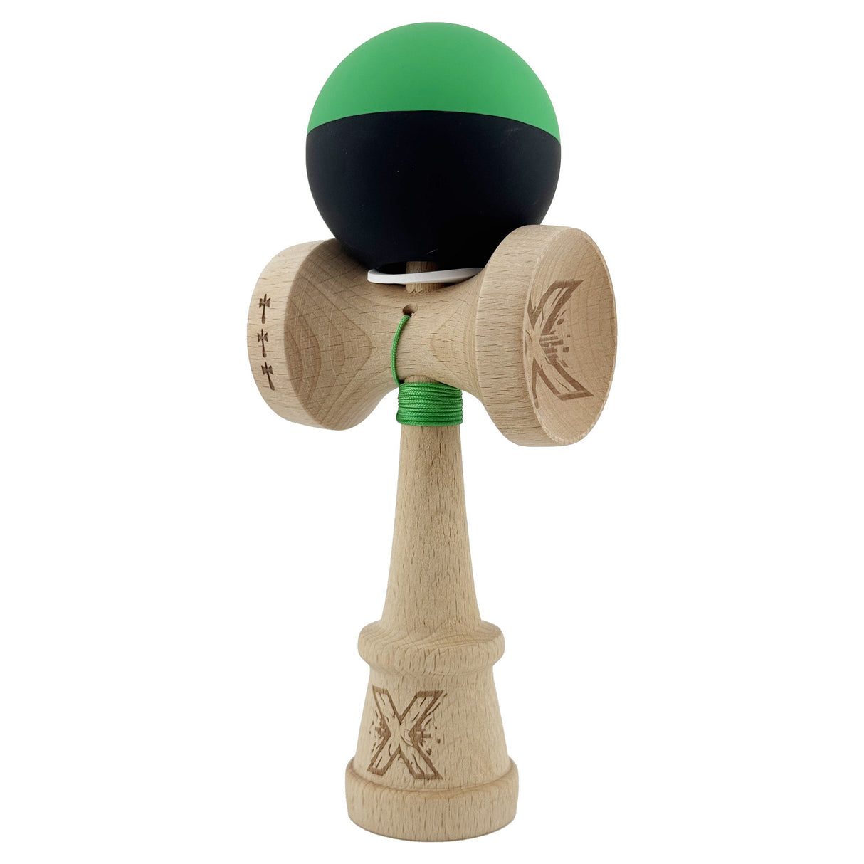 Kendama X Originala, Profesionala, Vivimall, Cupe Mari KING SIZE V3, Rubber Grip, Gaura in Baza, Rulment Metalic, din lemn 18 cm, Ata 55 cm, Bicolor Verde/Negru - vivimall.ro