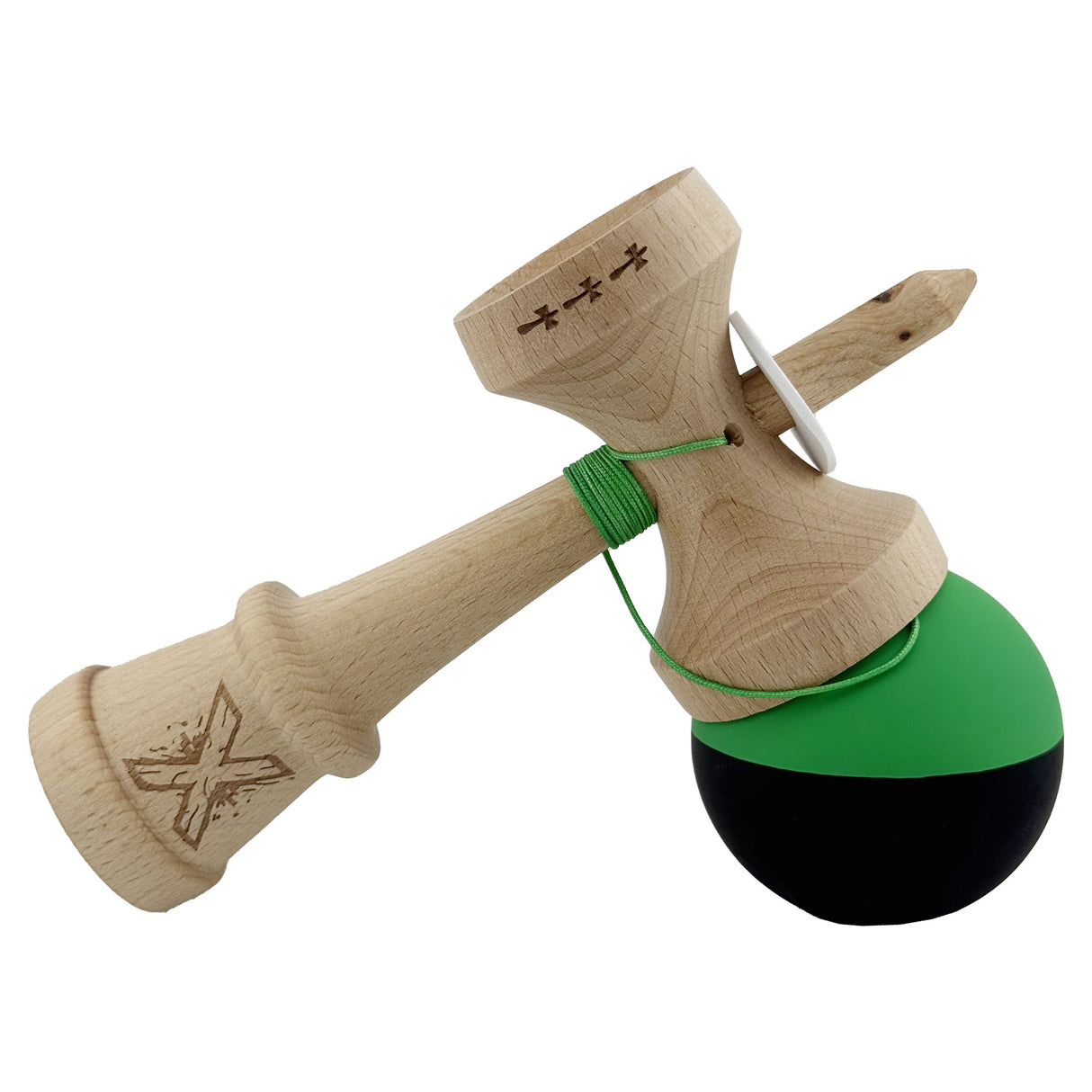 Kendama X Originala, Profesionala, Vivimall, Cupe Mari KING SIZE V3, Rubber Grip, Gaura in Baza, Rulment Metalic, din lemn 18 cm, Ata 55 cm, Bicolor Verde/Negru - vivimall.ro