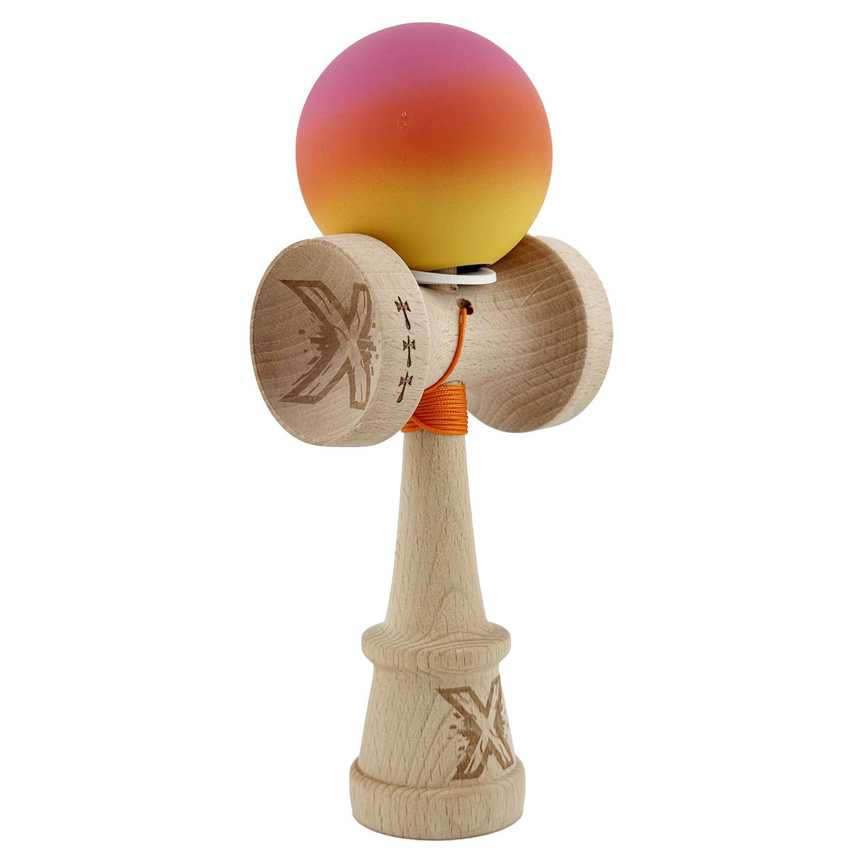 Kendama X Originala, Profesionala, Vivimall, Cupe Mari KING SIZE V3, Rubber Grip, Gaura in Baza, Rulment Metalic, din lemn 18 cm, Ata 55 cm, Gradient Roz/Rosu/Galben - vivimall.ro