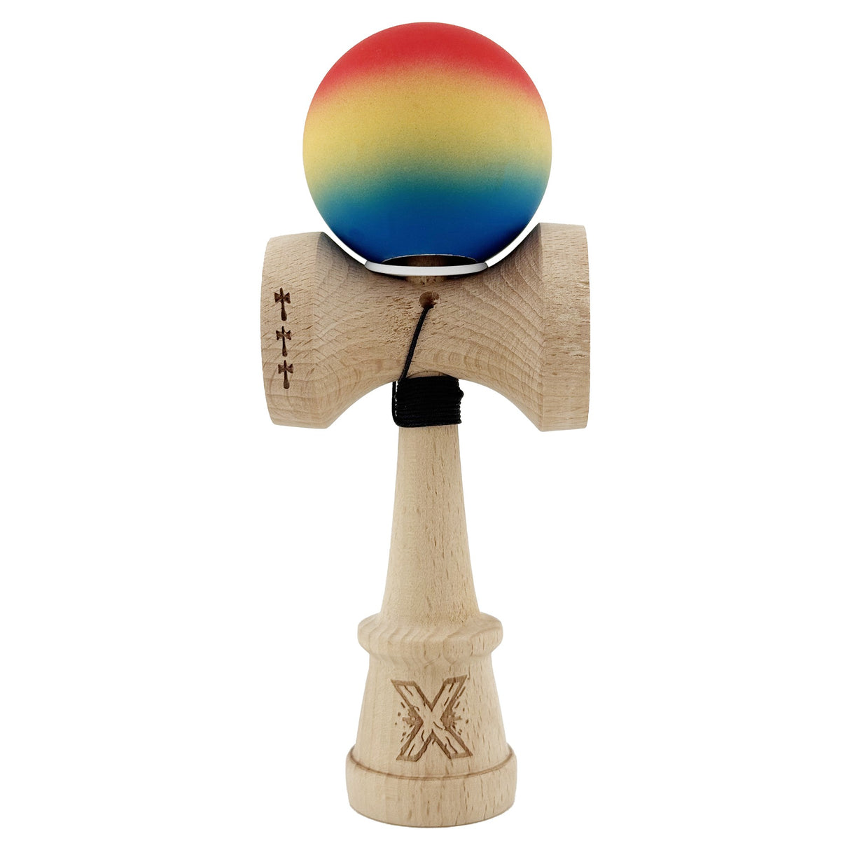 Kendama X Originala, Profesionala, Vivimall, Cupe Mari KING SIZE V3, Rubber Grip, Gaura in Baza, Rulment Metalic, din lemn 18 cm, Ata 55 cm, Gradient Rosu/Galben/Albastru - vivimall.ro