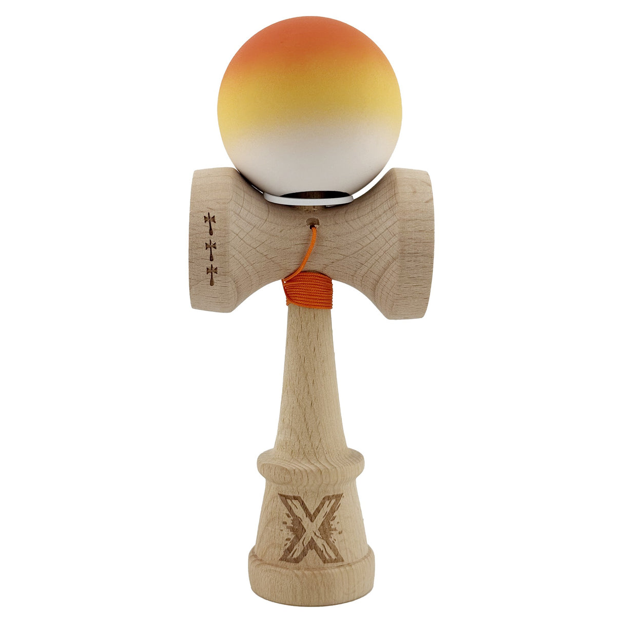 Kendama X Originala, Profesionala, Vivimall, Cupe Mari KING SIZE V3, Rubber Grip, Gaura in Baza, Rulment Metalic, din lemn 18 cm, Ata 55 cm, Gradient Portocaliu/Galben/Alb - vivimall.ro