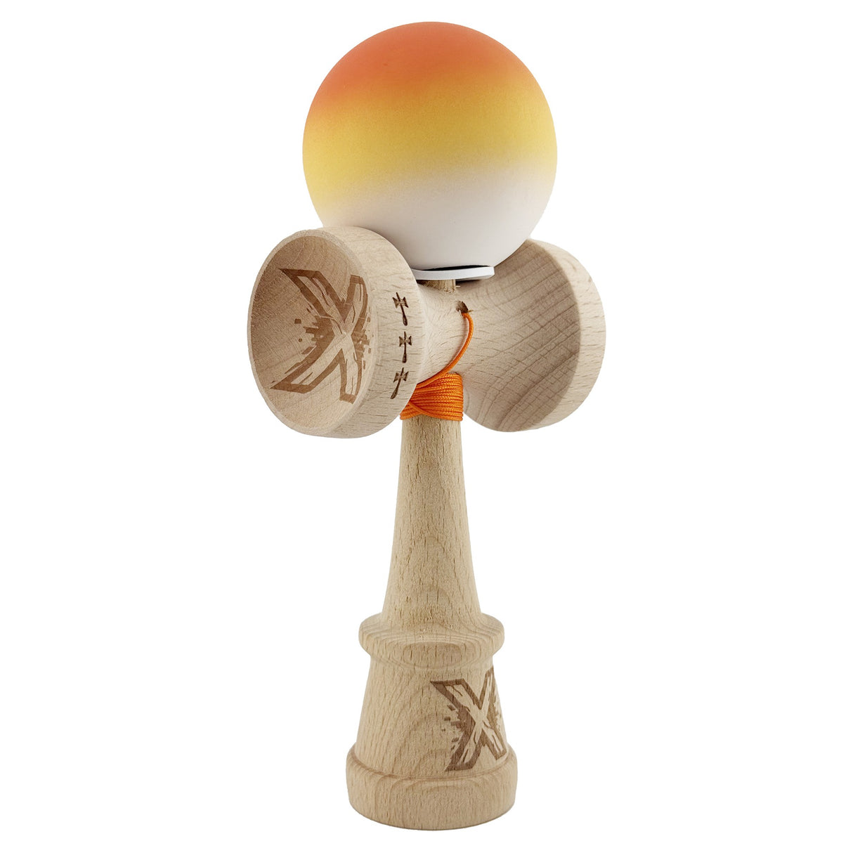 Kendama X Originala, Profesionala, Vivimall, Cupe Mari KING SIZE V3, Rubber Grip, Gaura in Baza, Rulment Metalic, din lemn 18 cm, Ata 55 cm, Gradient Portocaliu/Galben/Alb - vivimall.ro
