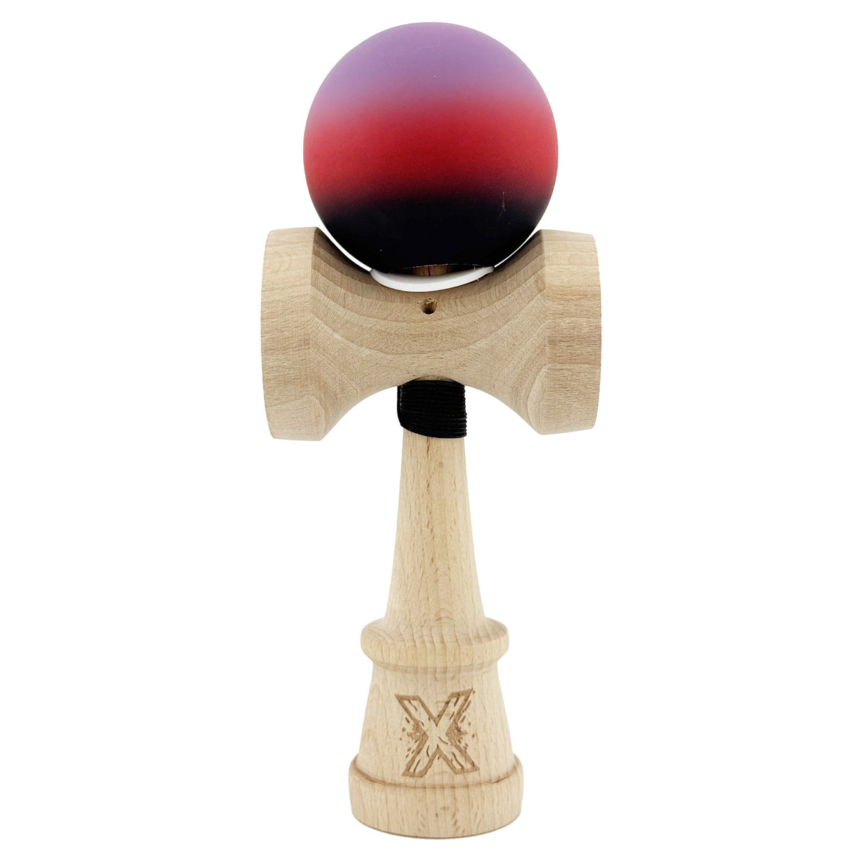 Kendama X Originala, Profesionala, Vivimall, Cupe Mari KING SIZE V3, Rubber Grip, Gaura in Baza, Rulment Metalic, din lemn 18 cm, Ata 55 cm, Gradient Mov/Rosu/Negru - vivimall.ro