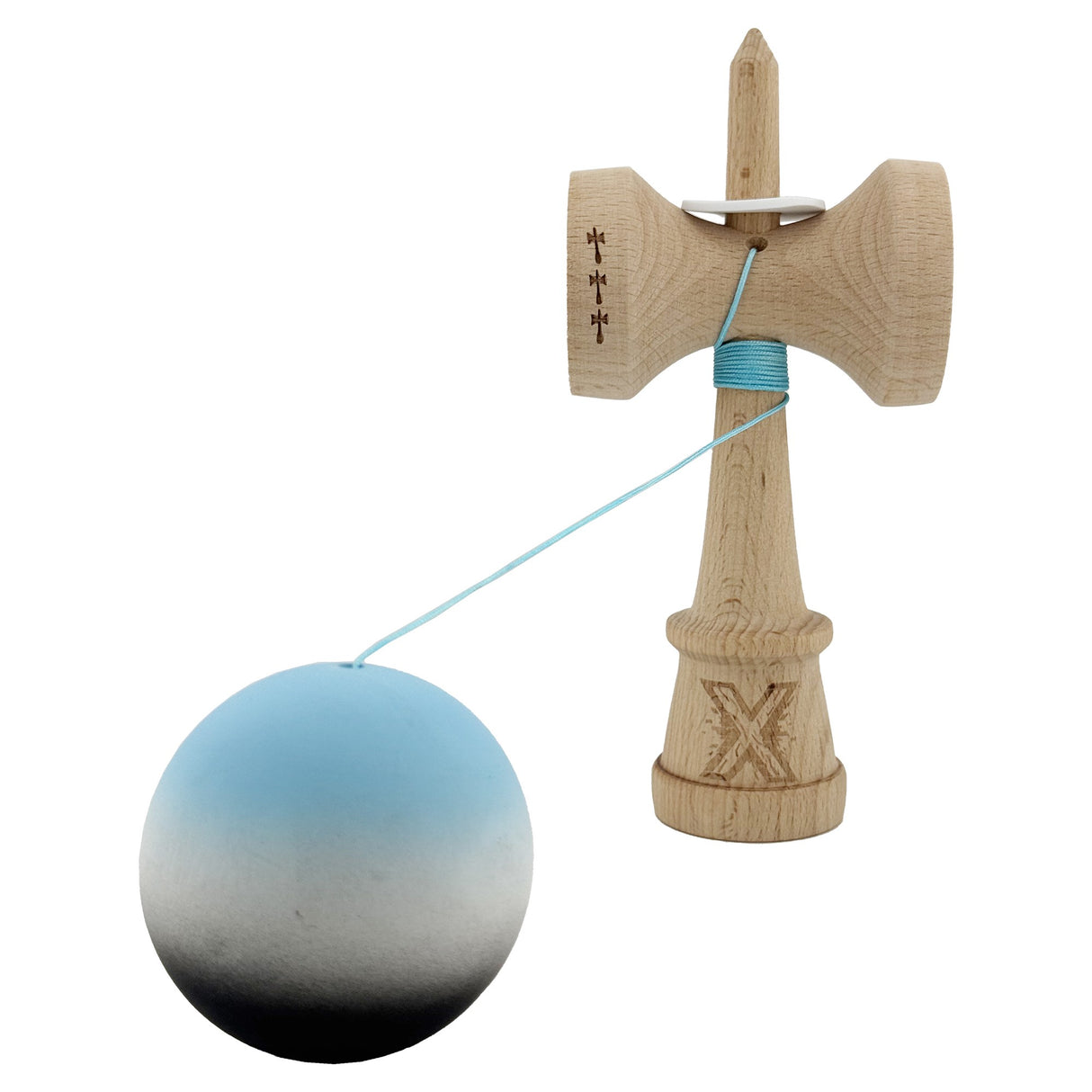 Kendama X Originala, Profesionala, Vivimall, Cupe Mari KING SIZE V3, Rubber Grip, Gaura in Baza, Rulment Metalic, din lemn 18 cm, Ata 55 cm, Gradient Albastru deschis/Alb/Negru - vivimall.ro
