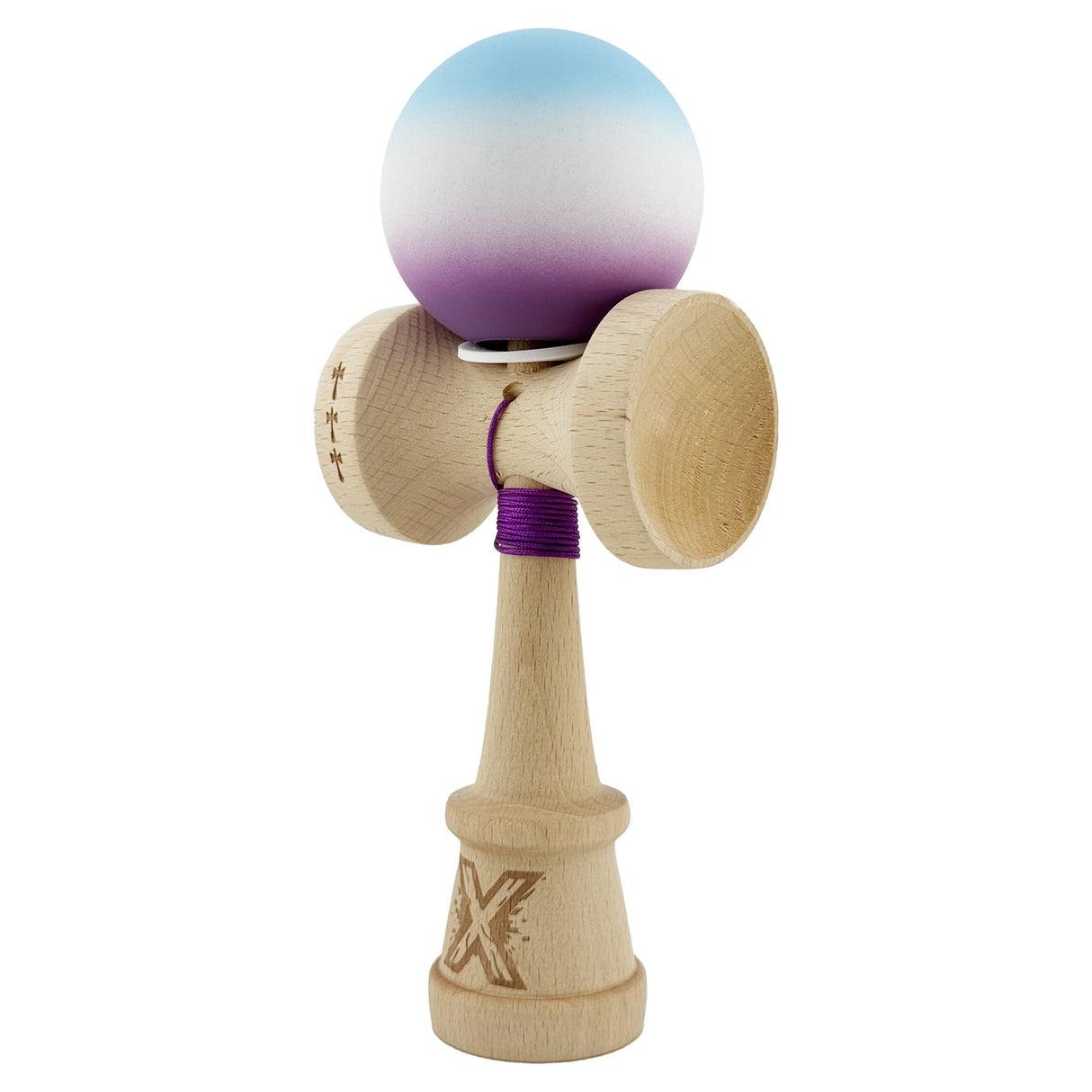 Kendama X Originala, Profesionala, Vivimall, Cupe Mari KING SIZE V3, Rubber Grip, Gaura in Baza, Rulment Metalic, din lemn 18 cm, Ata 55 cm, Gradient Albastru deschis/Alb/Mov - vivimall.ro