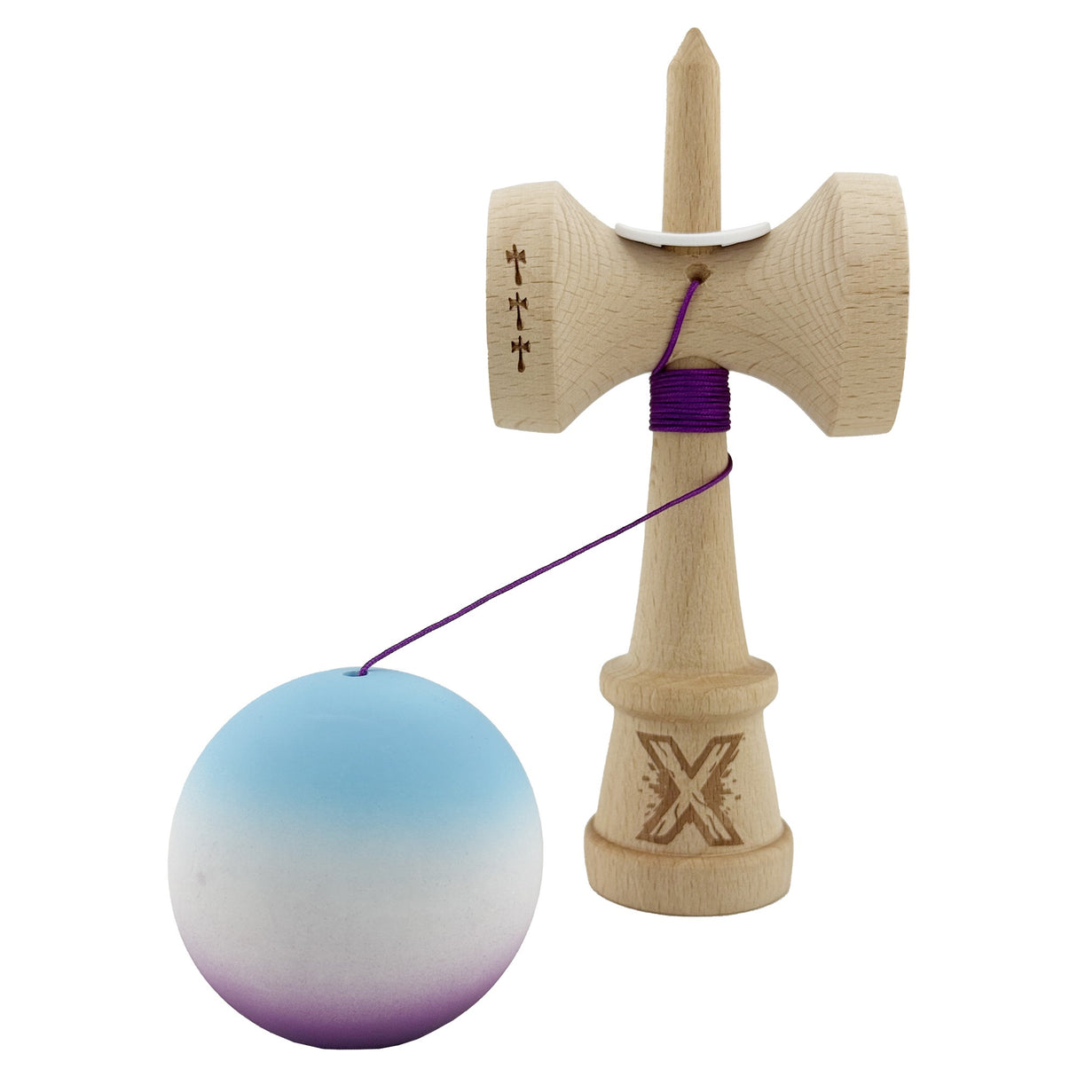 Kendama X Originala, Profesionala, Vivimall, Cupe Mari KING SIZE V3, Rubber Grip, Gaura in Baza, Rulment Metalic, din lemn 18 cm, Ata 55 cm, Gradient Albastru deschis/Alb/Mov - vivimall.ro