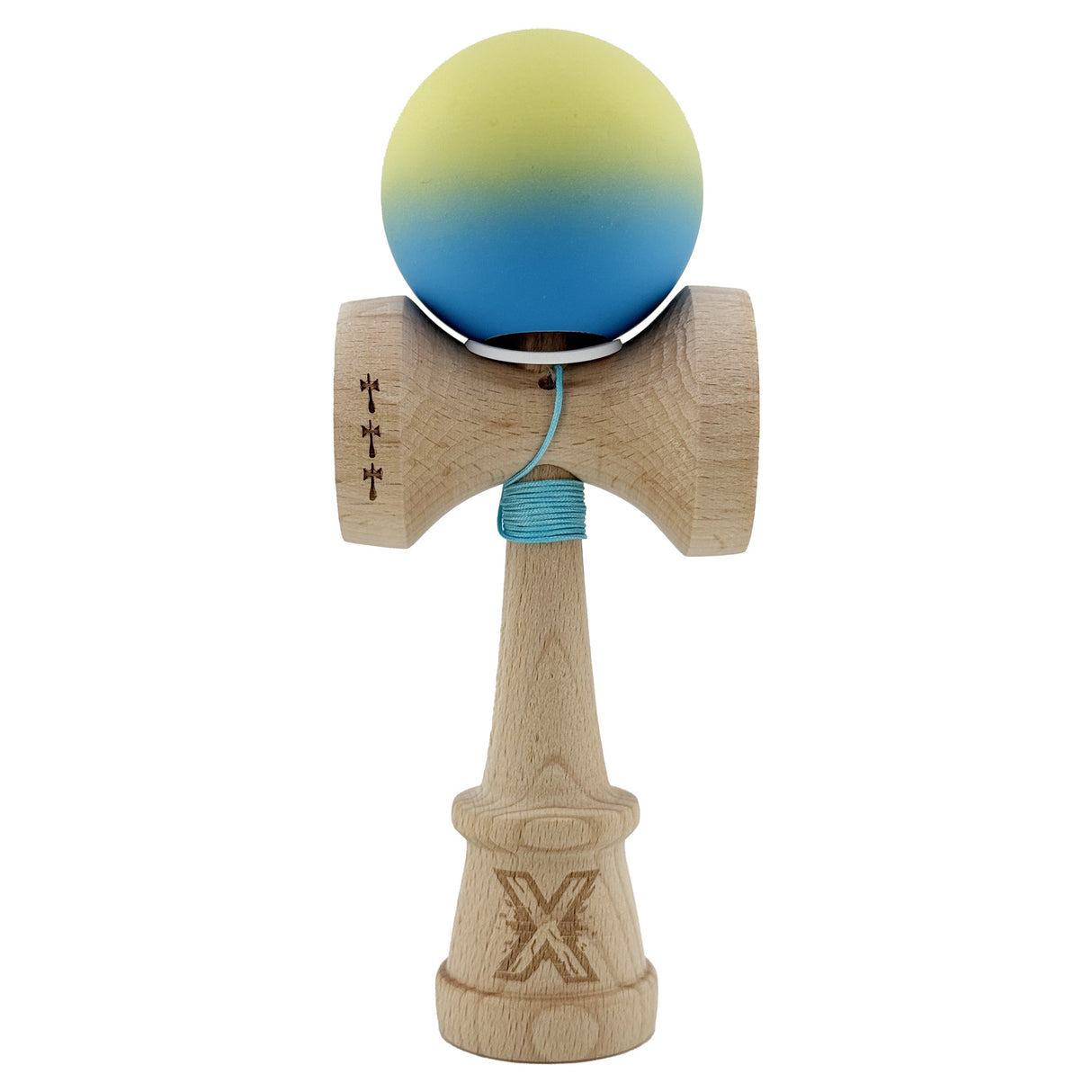 Kendama X Originala, Profesionala, Vivimall, Cupe Mari KING SIZE V3, Rubber Grip, Gaura in Baza, Rulment Metalic, din lemn 18 cm, Ata 55 cm, Gradient Galben/Albastru deschis - vivimall.ro