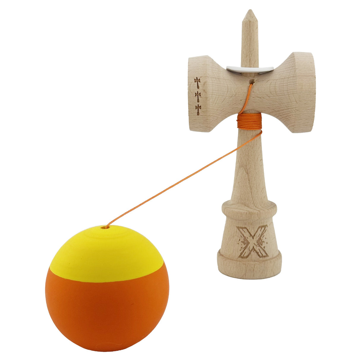 Kendama X Originala, Profesionala, Vivimall, Rubber Grip, Cupe Mari KING SIZE V3, Gaura in Baza, Rulment Metalic, din lemn 18 cm, Ata 55 cm, Bicolor Galben/Portocaliu - vivimall.ro