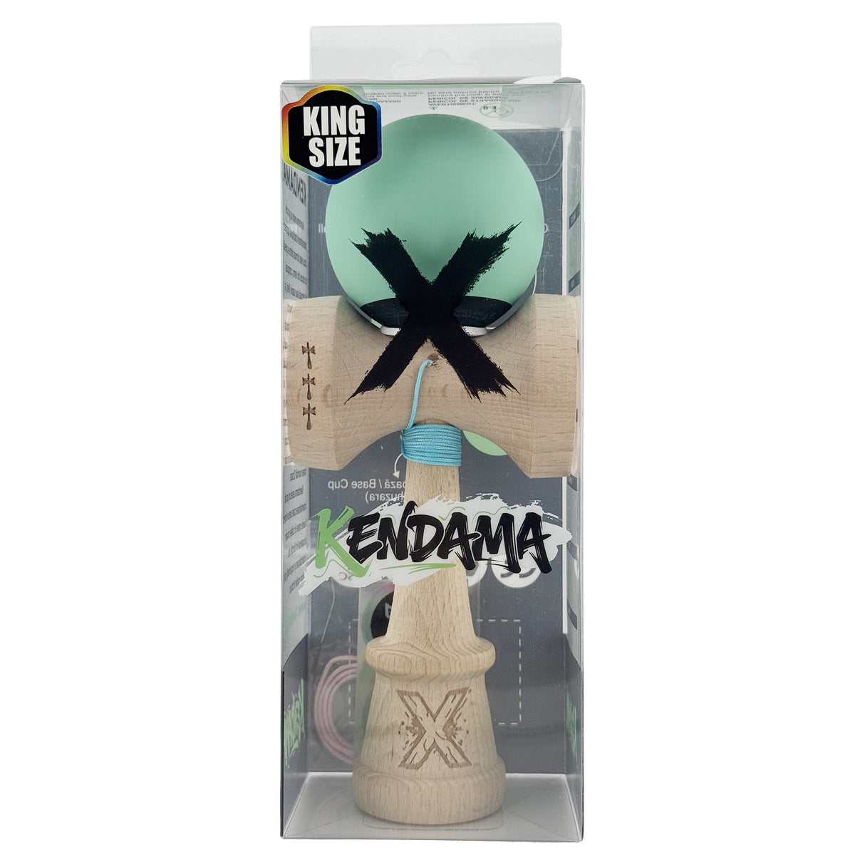 Kendama X Originala, Profesionala, Vivimall, Rubber Grip, Cupe Mari KING SIZE V3, Gaura in Baza, Rulment Metalic, din lemn 18 cm, Ata 55 cm, Bicolor Turcoaz/Albastru inchis - vivimall.ro