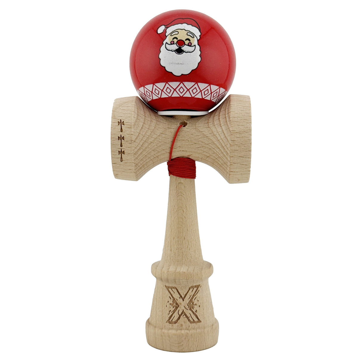 Kendama X Originala, Profesionala, Vivimall, Christmas Edition, Super Sticky cu Cupe Mari KING SIZE V3, Rulment Metalic si Gaura in Baza, din Lemn 18 cm, Ata 55 cm, Rosu Mos Craciun - vivimall.ro